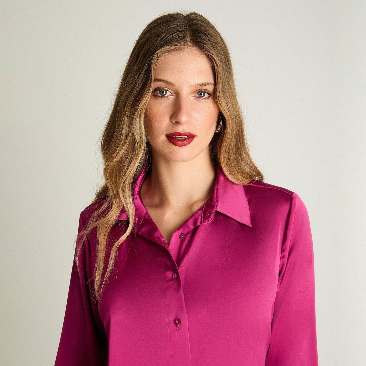 Blusa Manga Larga Camisera Satinada Magenta-2