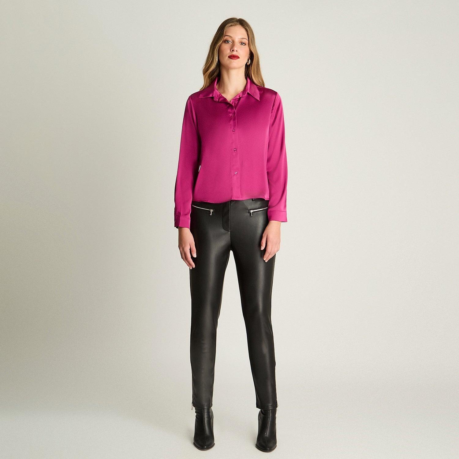 Blusa Manga Larga Camisera Satinada Magenta-3