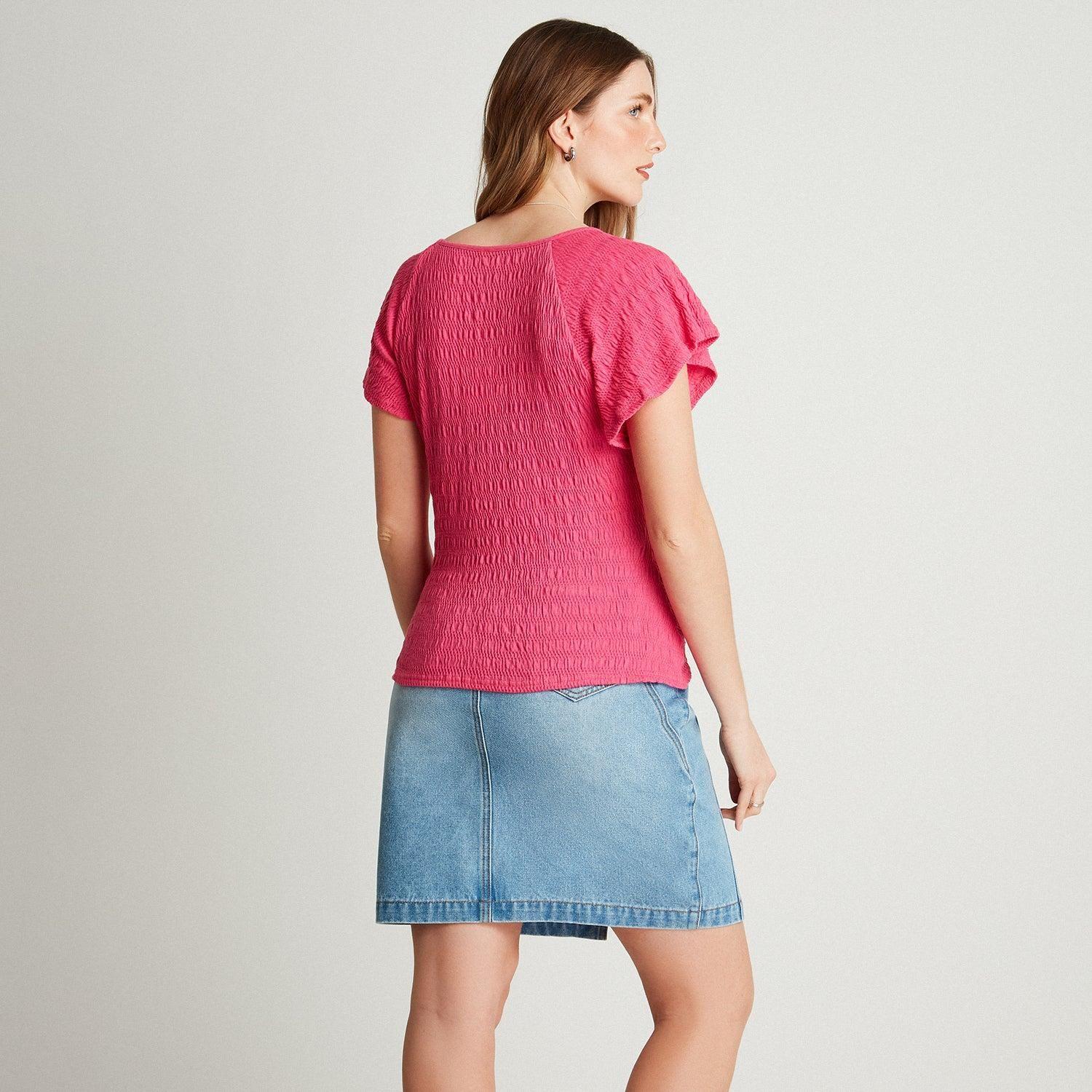 Polera Fucsia Manga Corta Con Fruncido En Escote-1