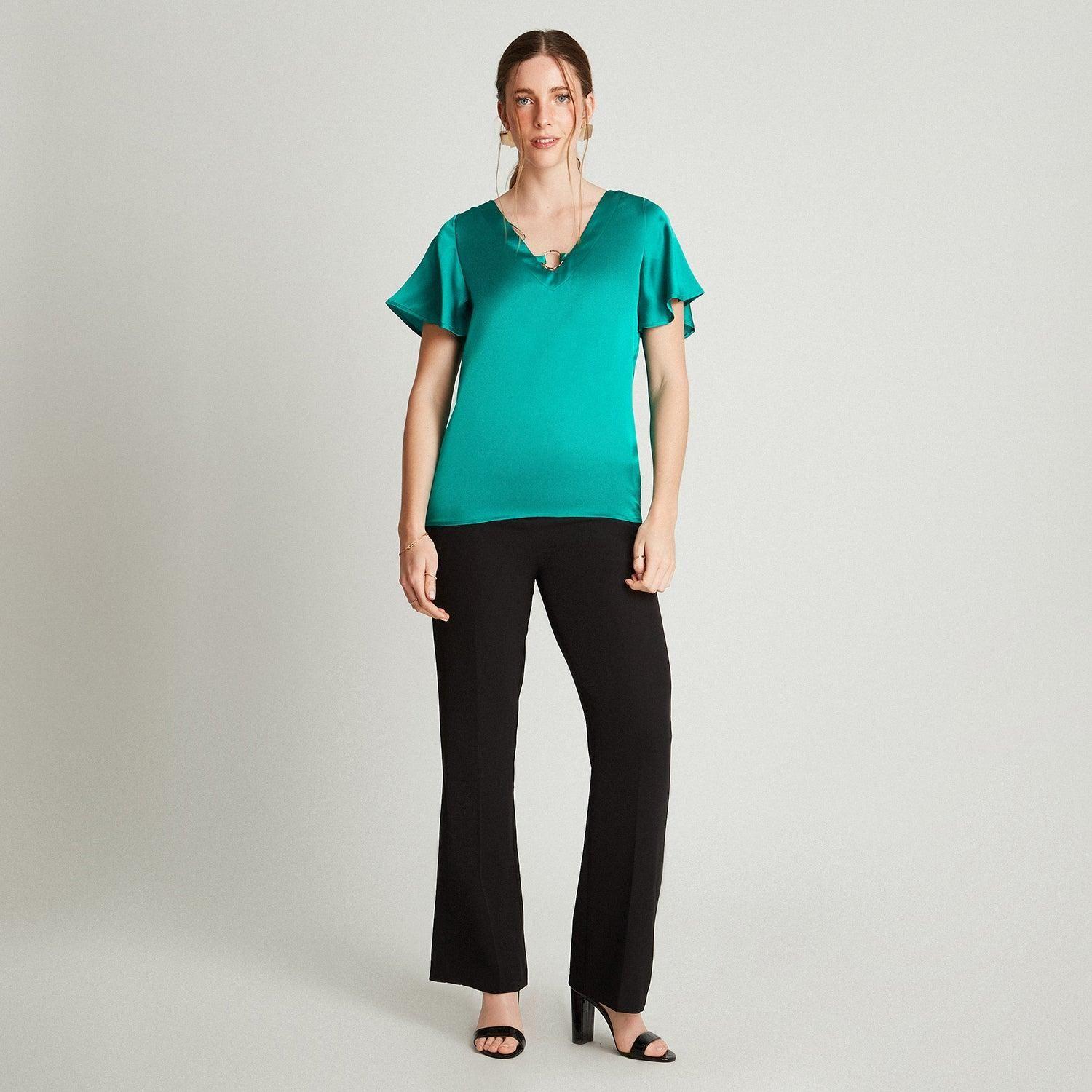 Blusa Verde Manga Corta Cuello V-3