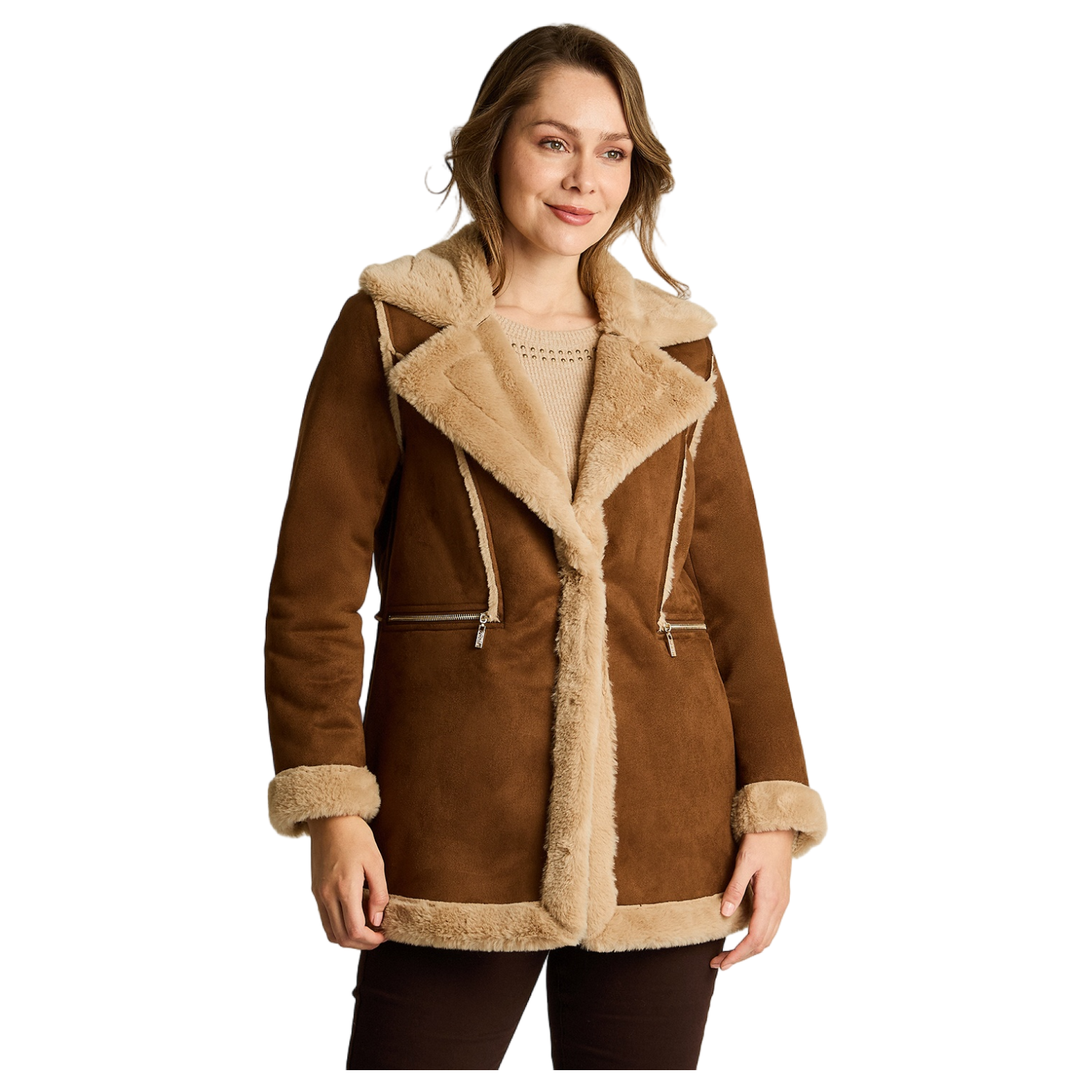 Chaqueta Camel de Suede con Forro Sherpa y Solapa Amplia-0