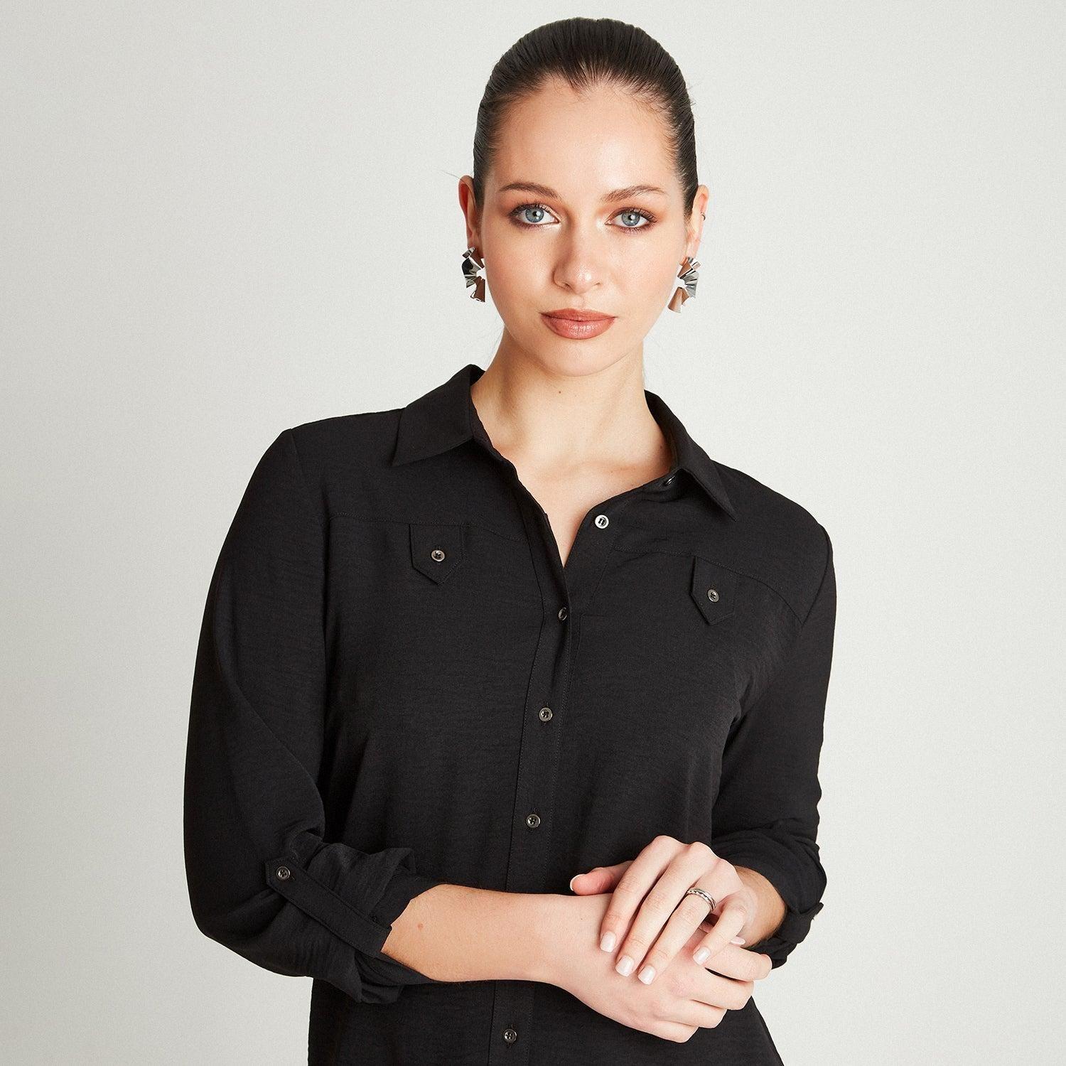 Blusa Negro Manga Larga Cuello Camisero-2