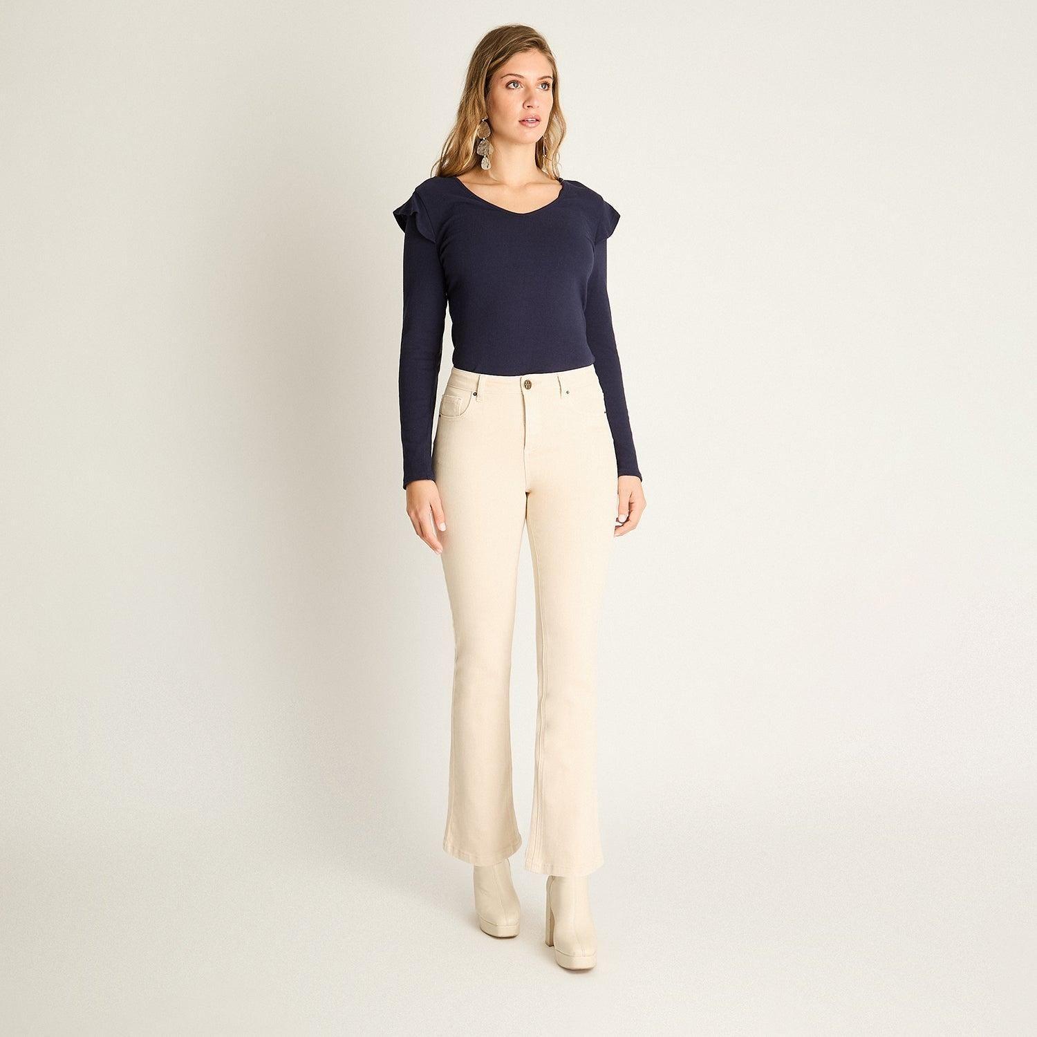Jeans Beige Flare Elasticidad Media Calce Ajustado-3