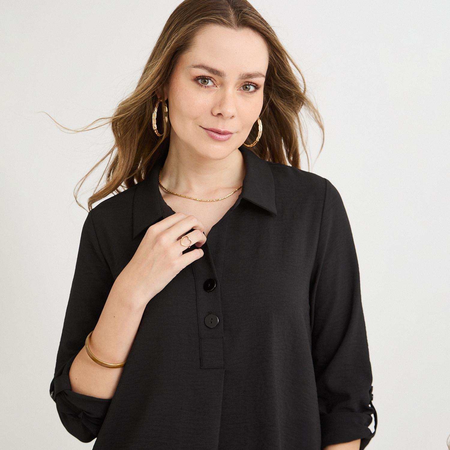 Blusa Manga Roll Up con Botones en Escote Negro-2