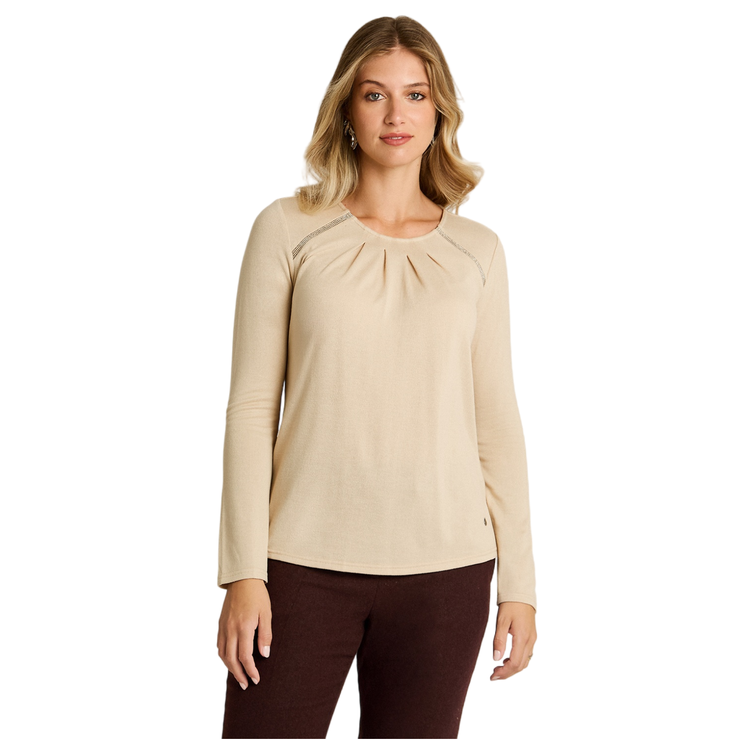 Polera Beige Manga Larga Elasticidad Media Sin Forro Calce Normal Tela Camant-0