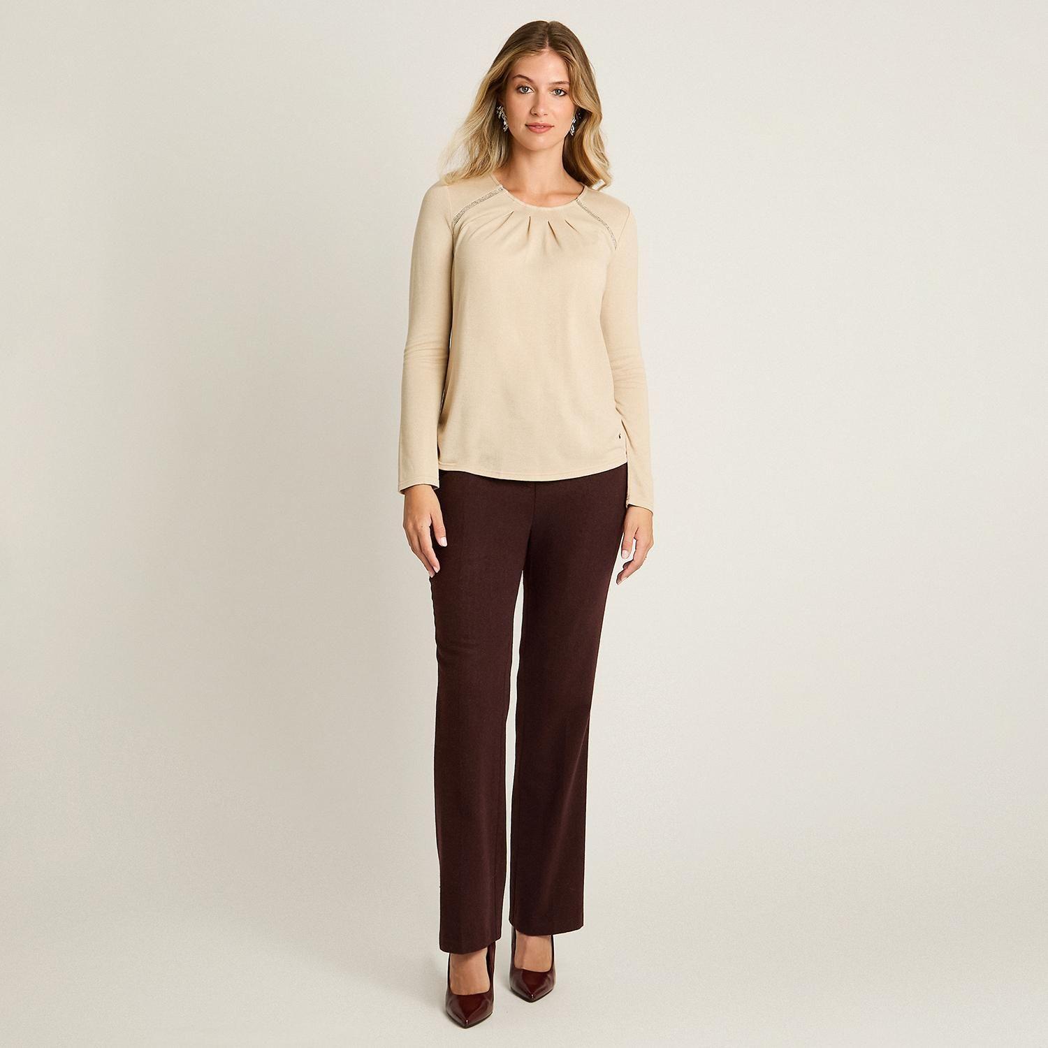 Polera Beige Manga Larga Elasticidad Media Sin Forro Calce Normal Tela Camant-3