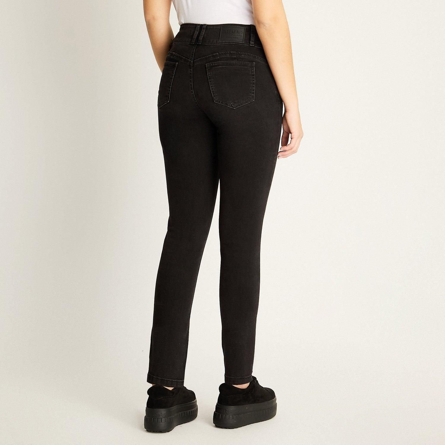 Jeans Slim 5 Bolsillos Pretina Dos Botones Push Up Negro-1