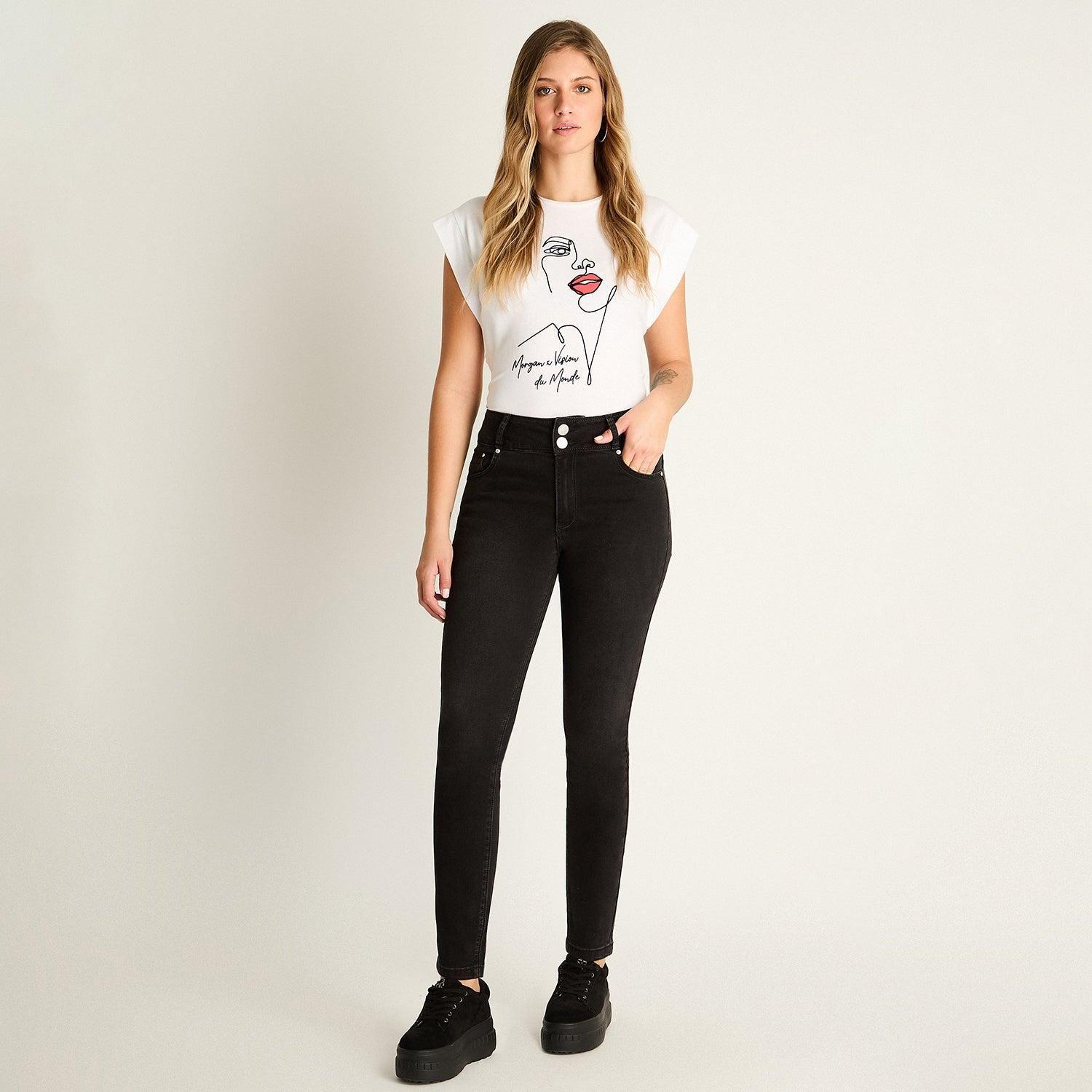 Jeans Slim 5 Bolsillos Pretina Dos Botones Push Up Negro-3