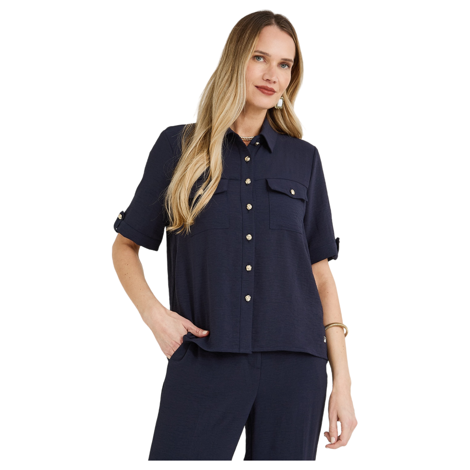 Blusa Manga Corta con Botones Azul-0