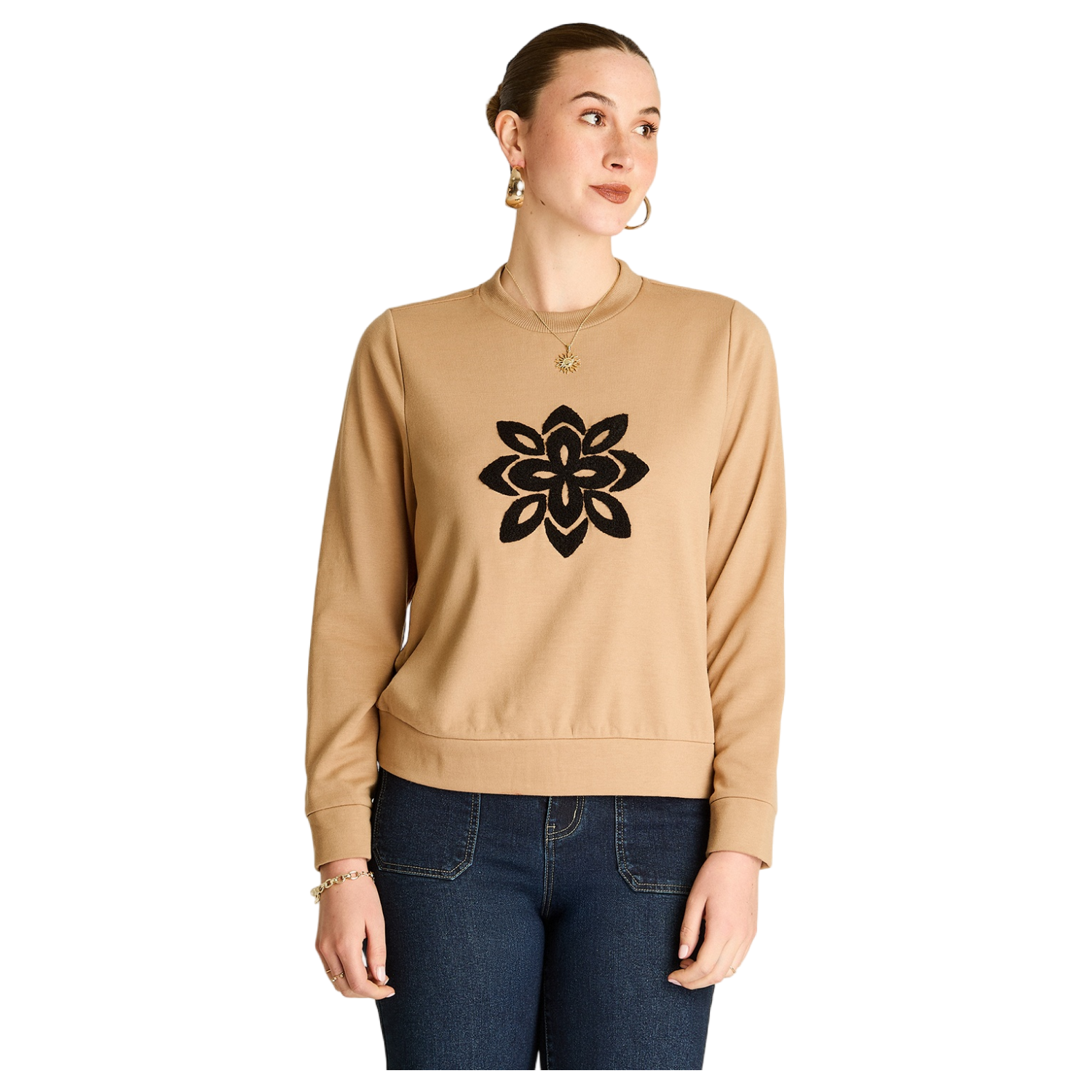 Polerón Camel Escote Redondo con Estampado Frontal-0