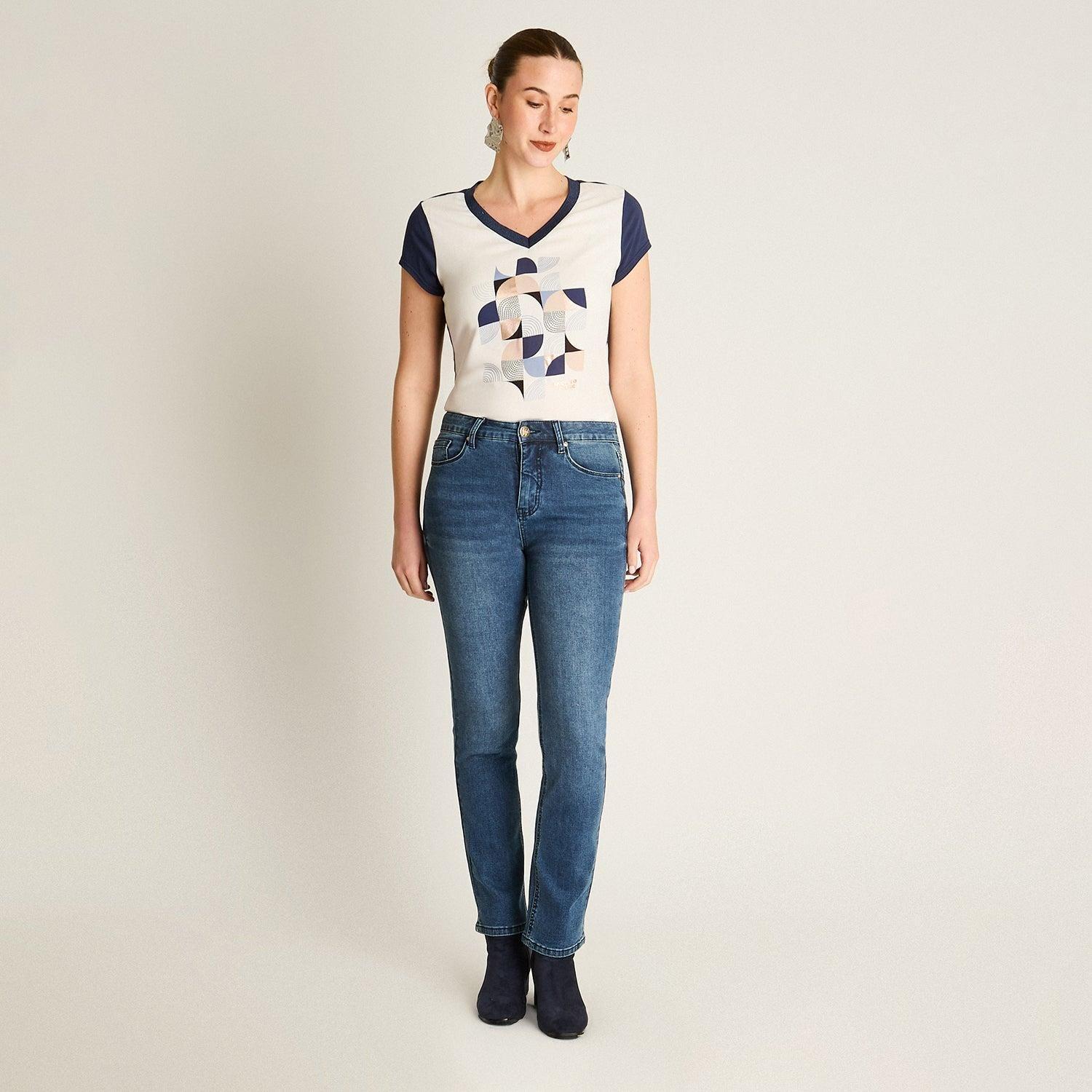 Jeans Recto 5 Bolsillos Tiro Alto Azul-4