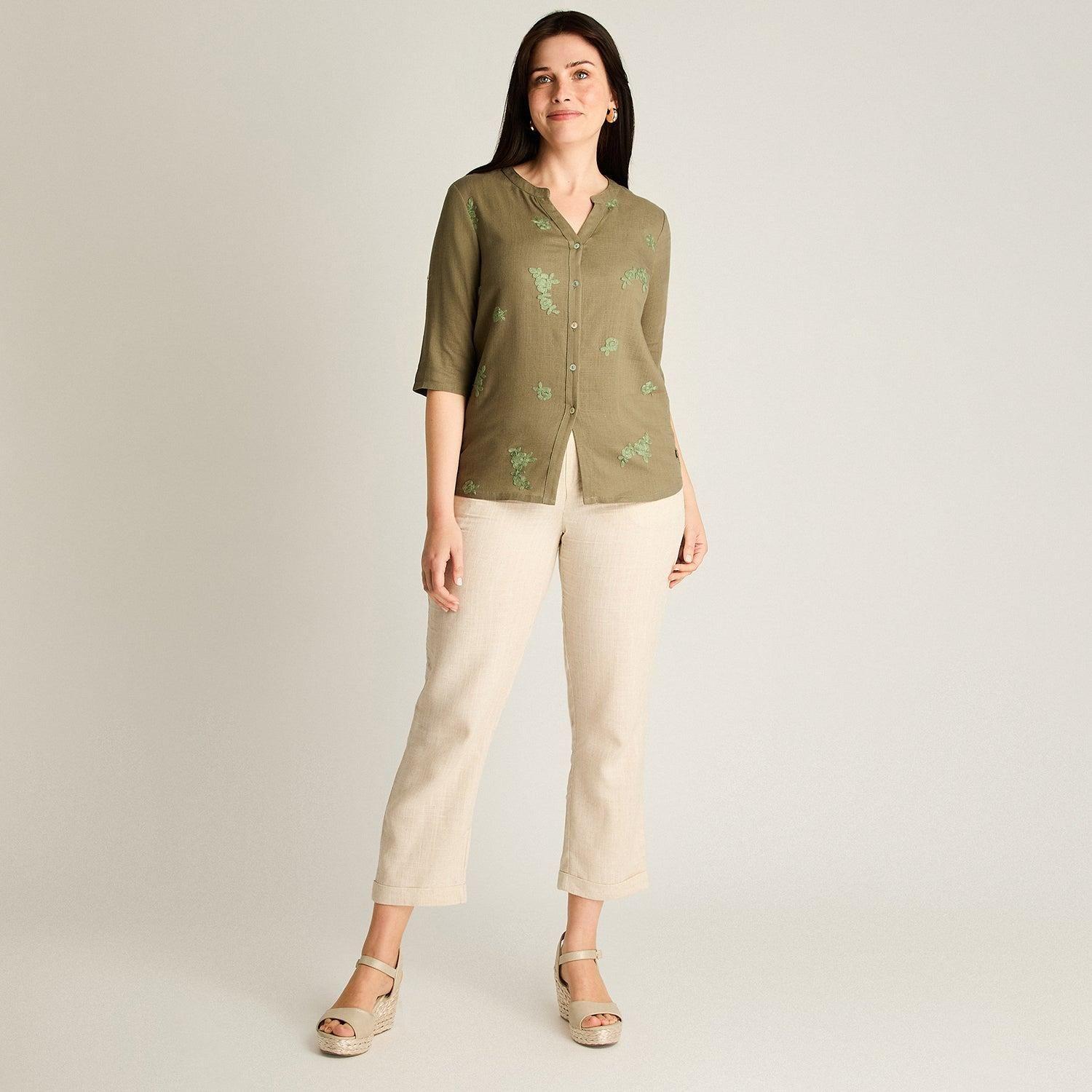 Blusa Verde Manga 3/4 No Elasticado Sin Forro Calce Normal-3