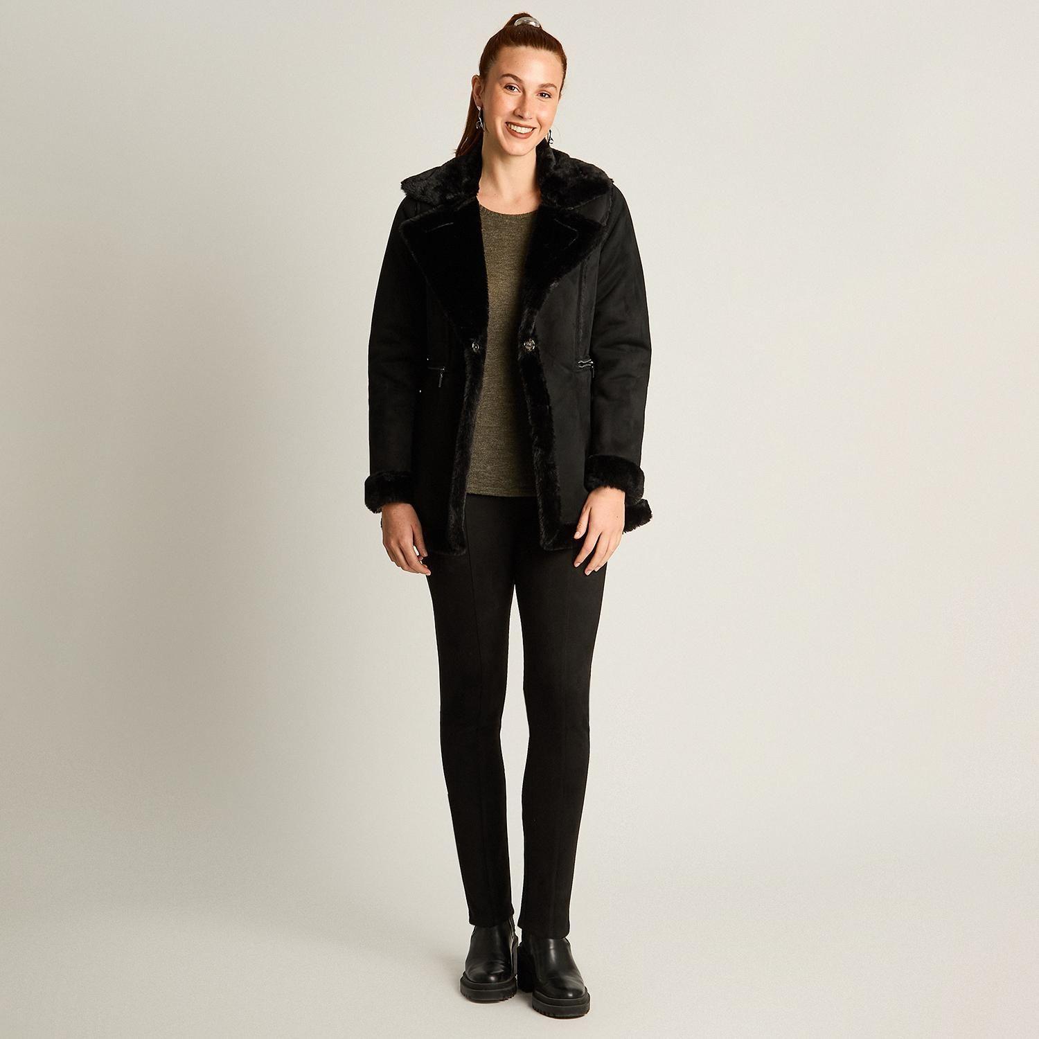 Chaqueta Negra de Suede con Forro Sherpa y Solapa Amplia-3