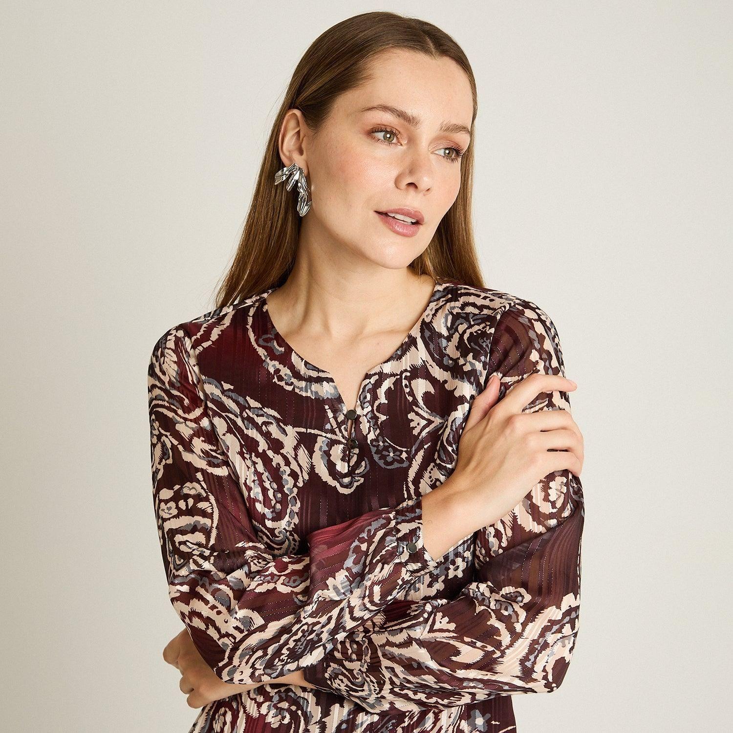 Blusa Burdeo Manga Larga Elasticidad Media Sin Forro Calce Normal Tela Punto Y Plano-2