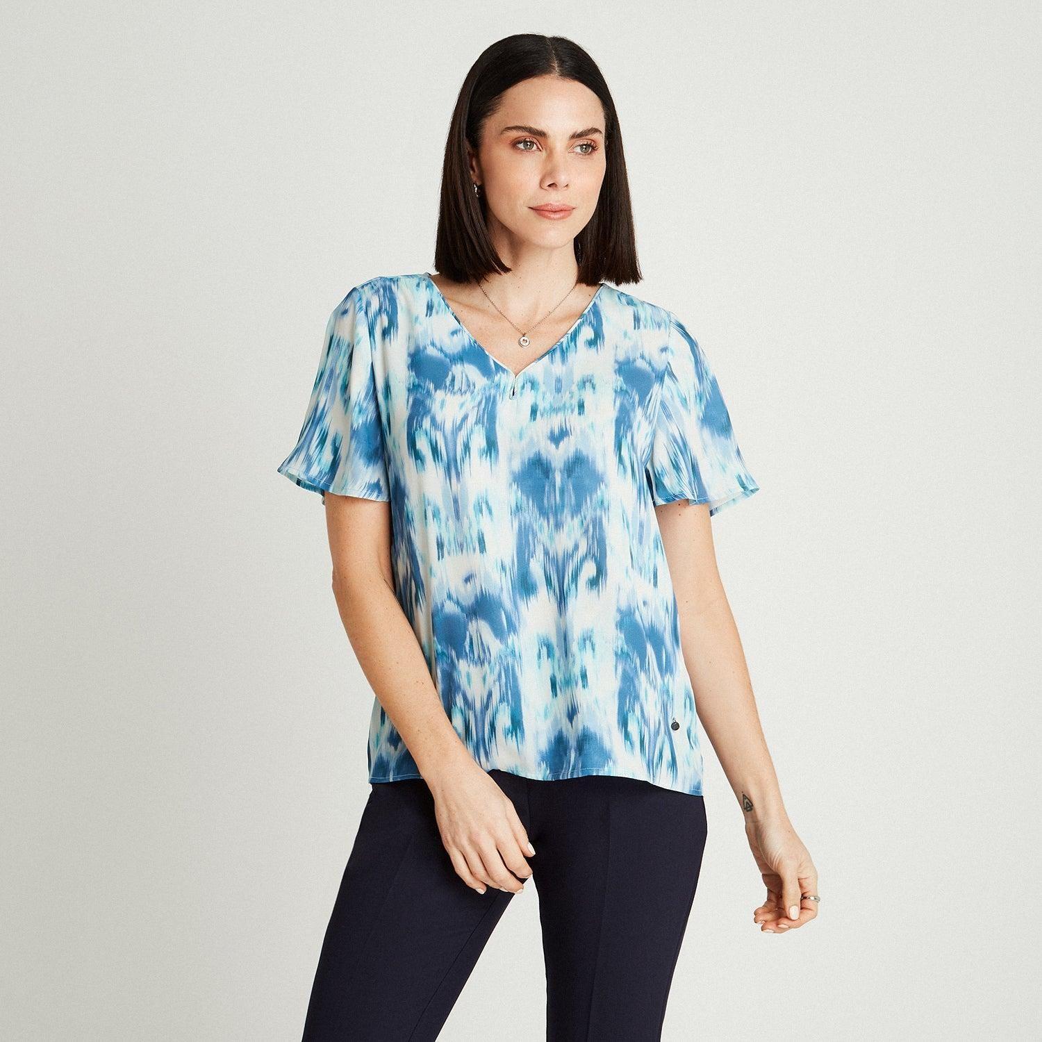 Blusa Celeste Manga Corta Cuello V-0