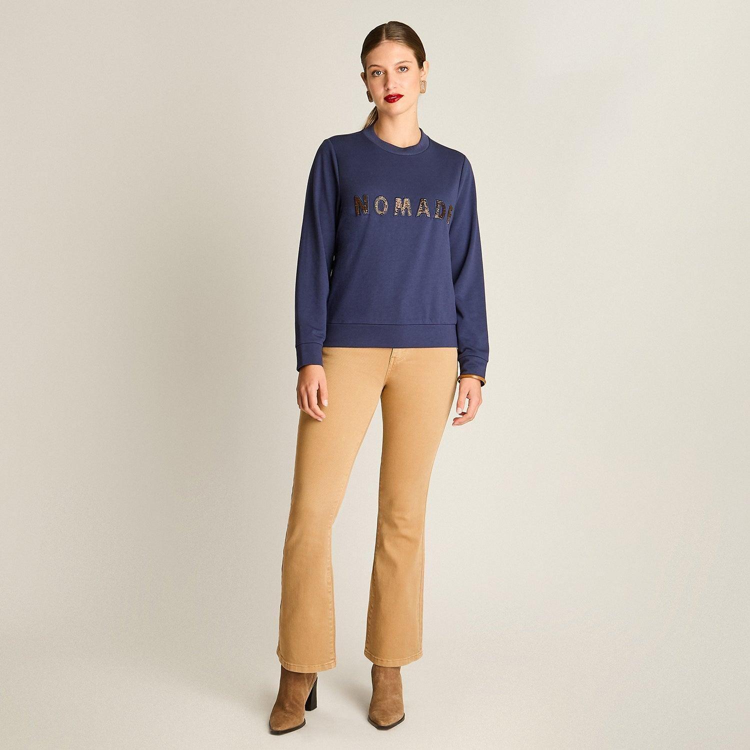 Poleron Algodon Azul Manga Larga Elasticidad Baja Sin Forro Calce Normal Tela Punto-3