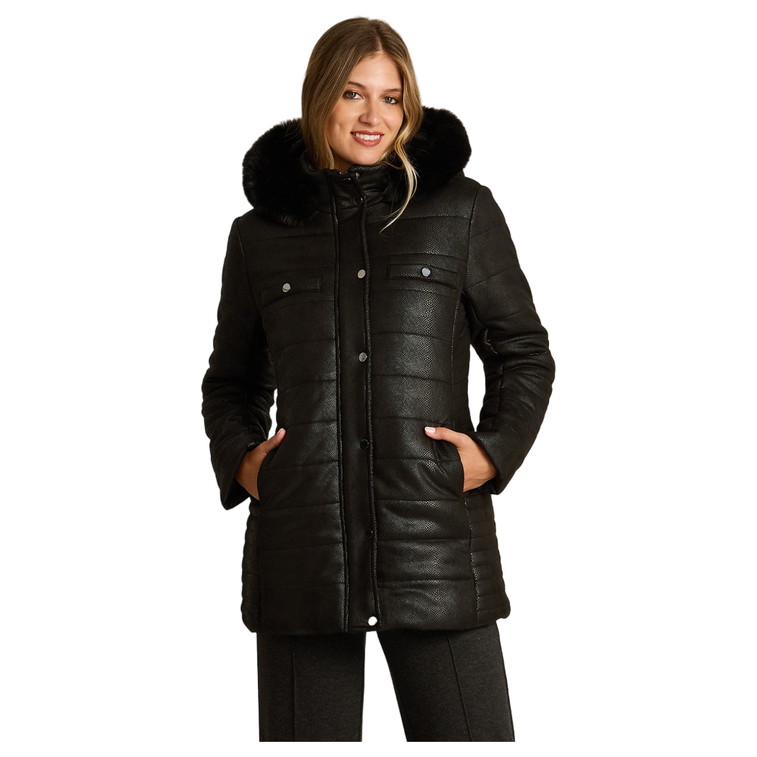 Parka Negra Suede Texturizado con Gorro Peludo y Forro-0
