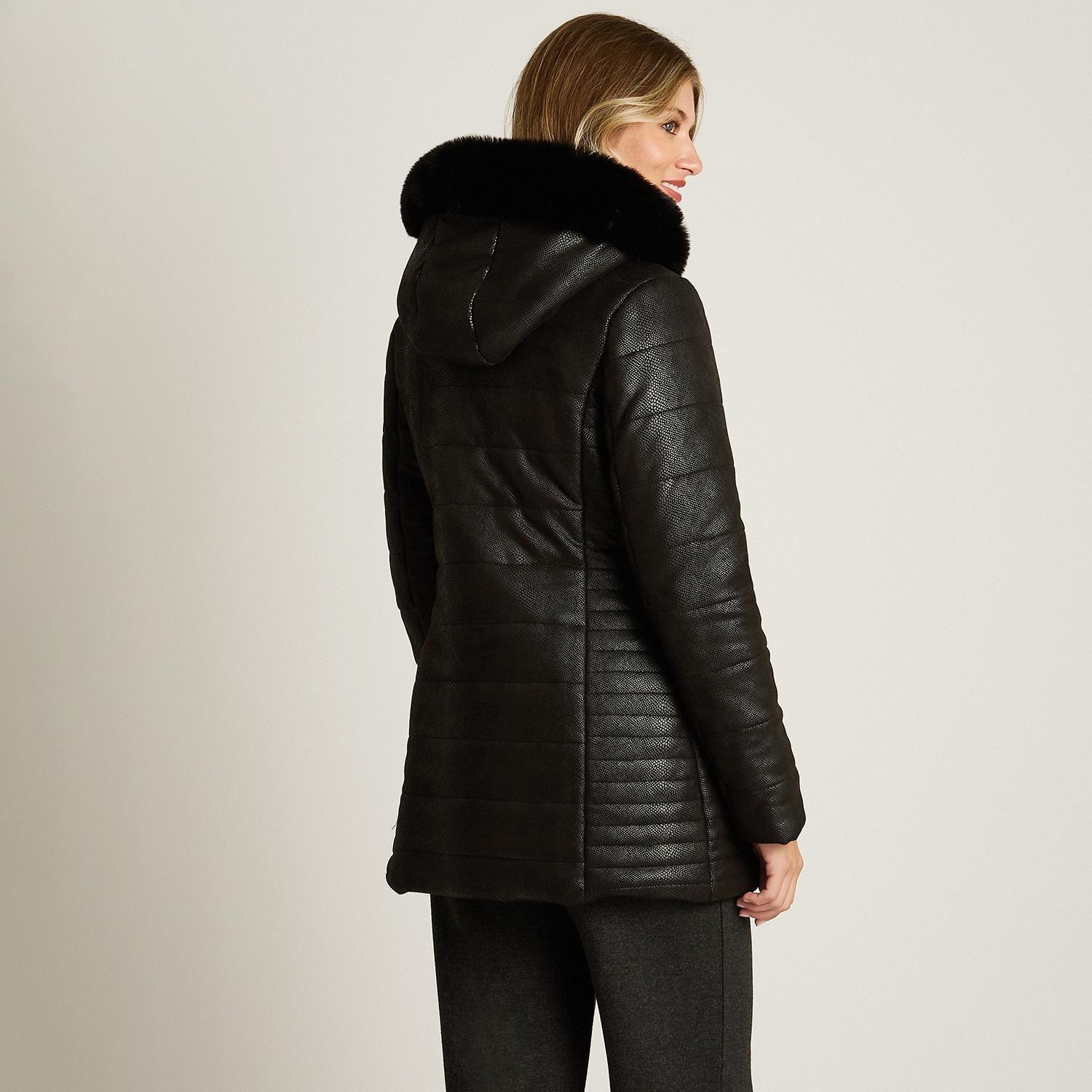 Parka Negra Suede Texturizado con Gorro Peludo y Forro-1
