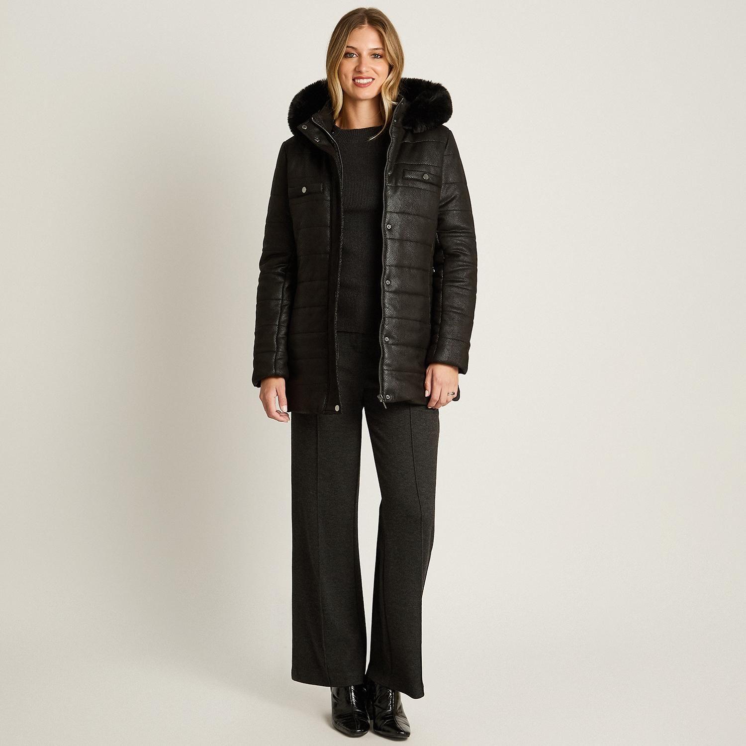 Parka Negra Suede Texturizado con Gorro Peludo y Forro-3