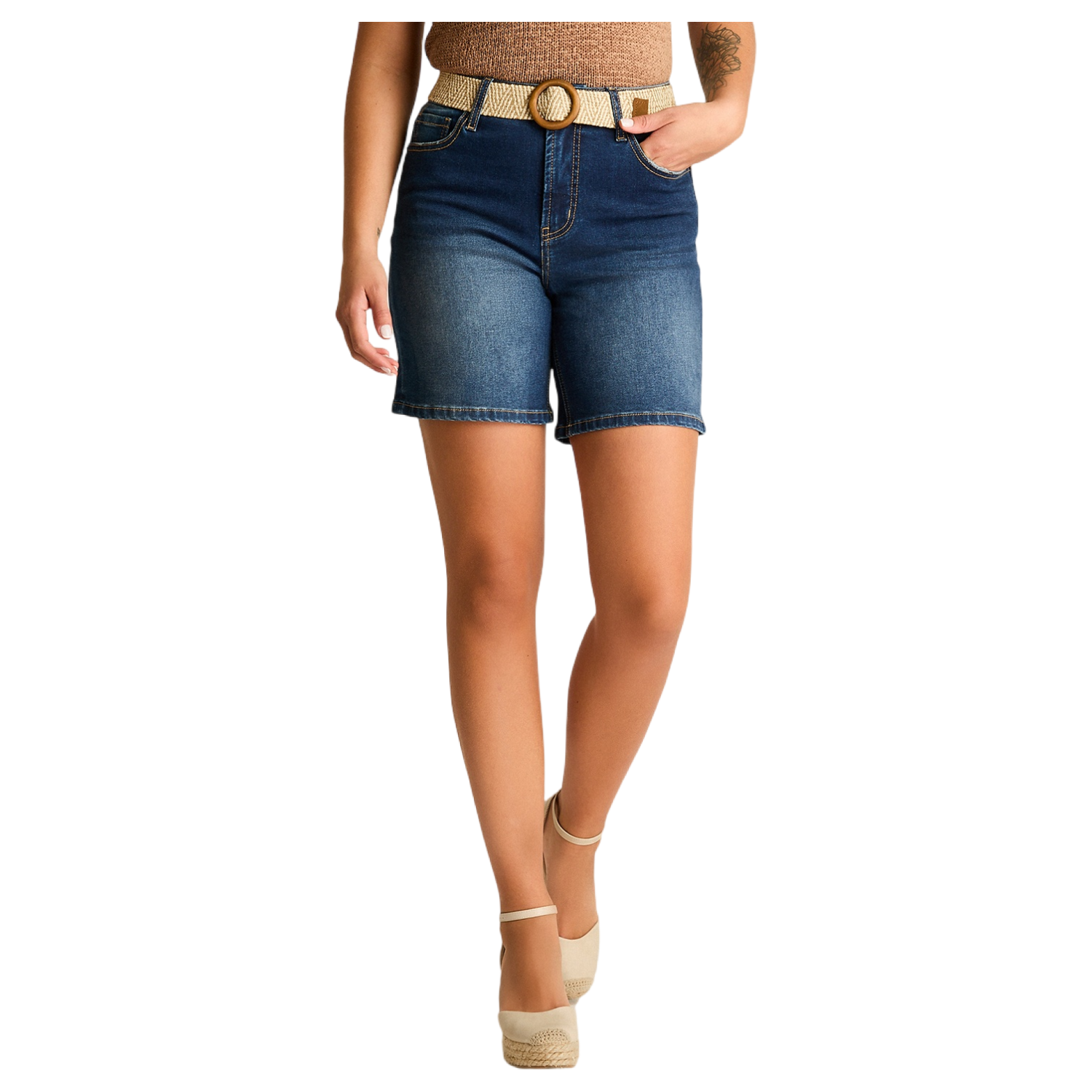 Bermuda Azul Corto Baja elasticidad Calce Normal-0