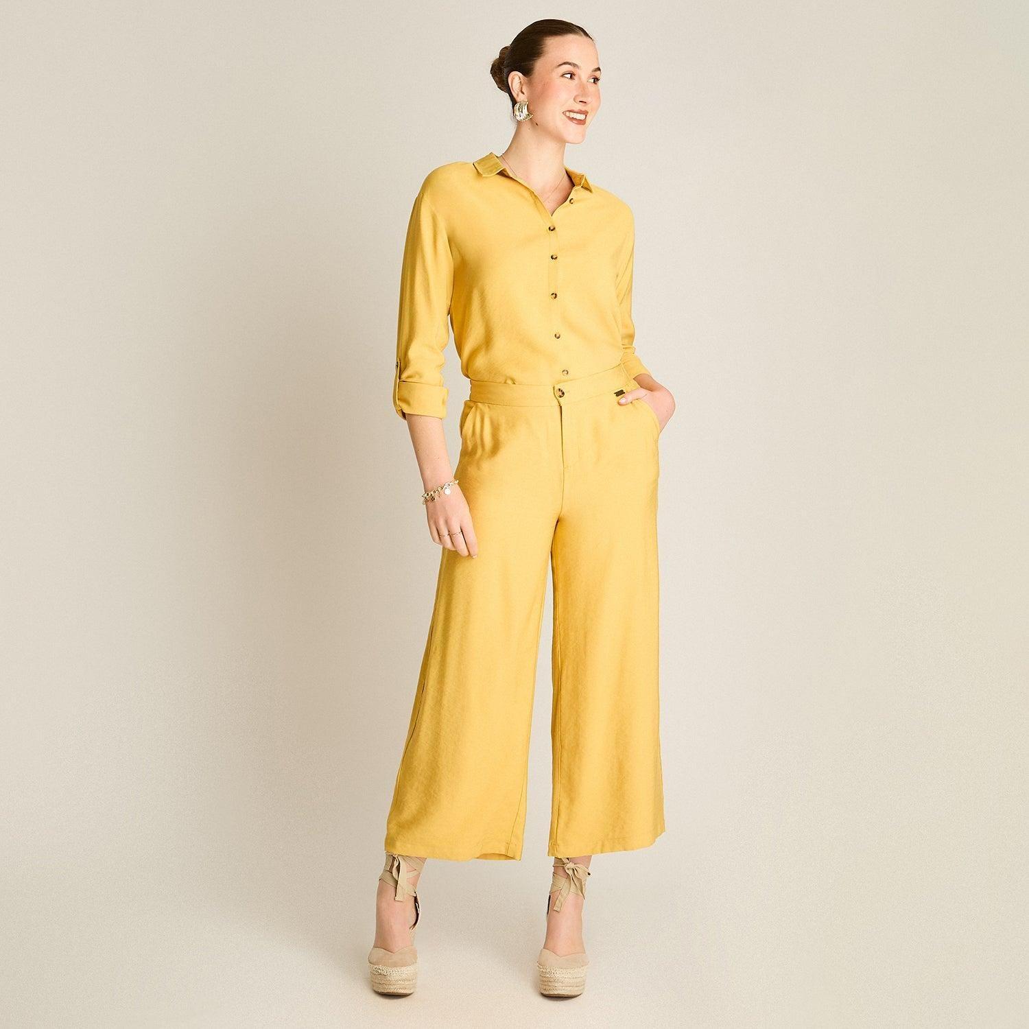 Pantalón Culotte Mostaza con Bolsillos Con Elástico en Cintrura-3