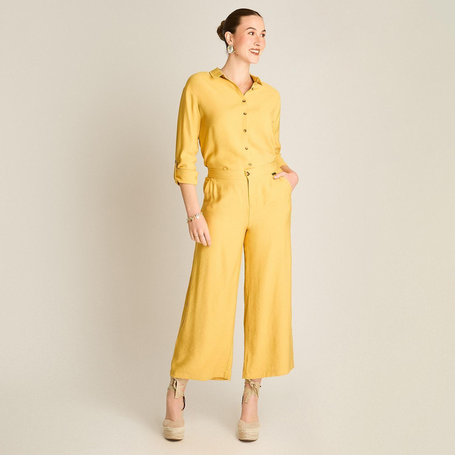 Pantalón Culotte Mostaza con Bolsillos Con Elástico en Cintrura-3