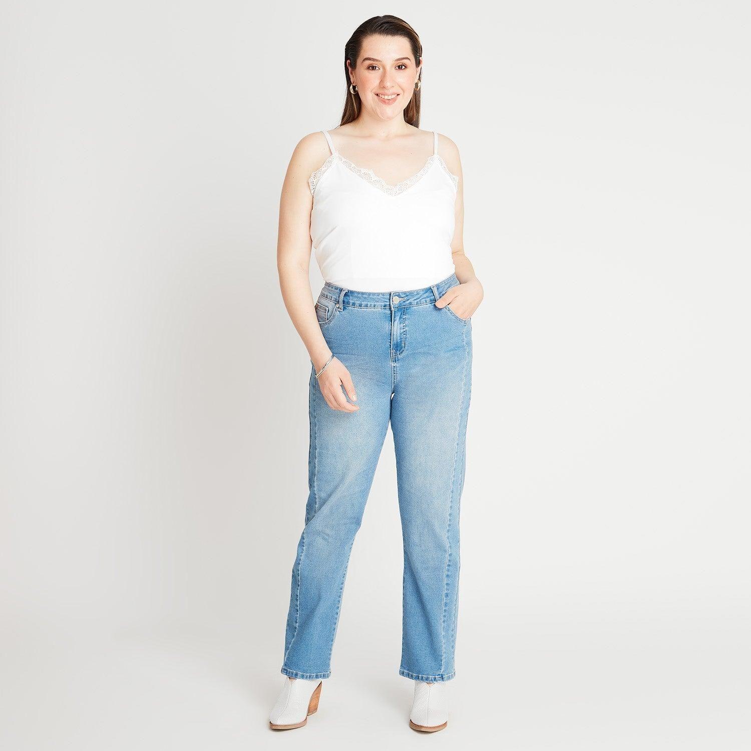 Jeans Recto Con Corte Celeste-7