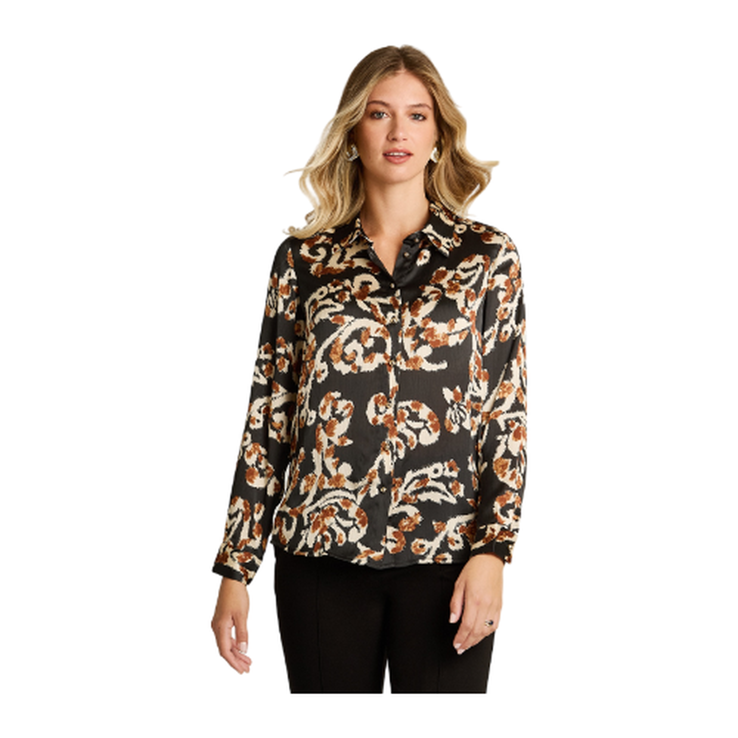 Blusa Camisera Negra con Estampado Floral y Manga Larga-0