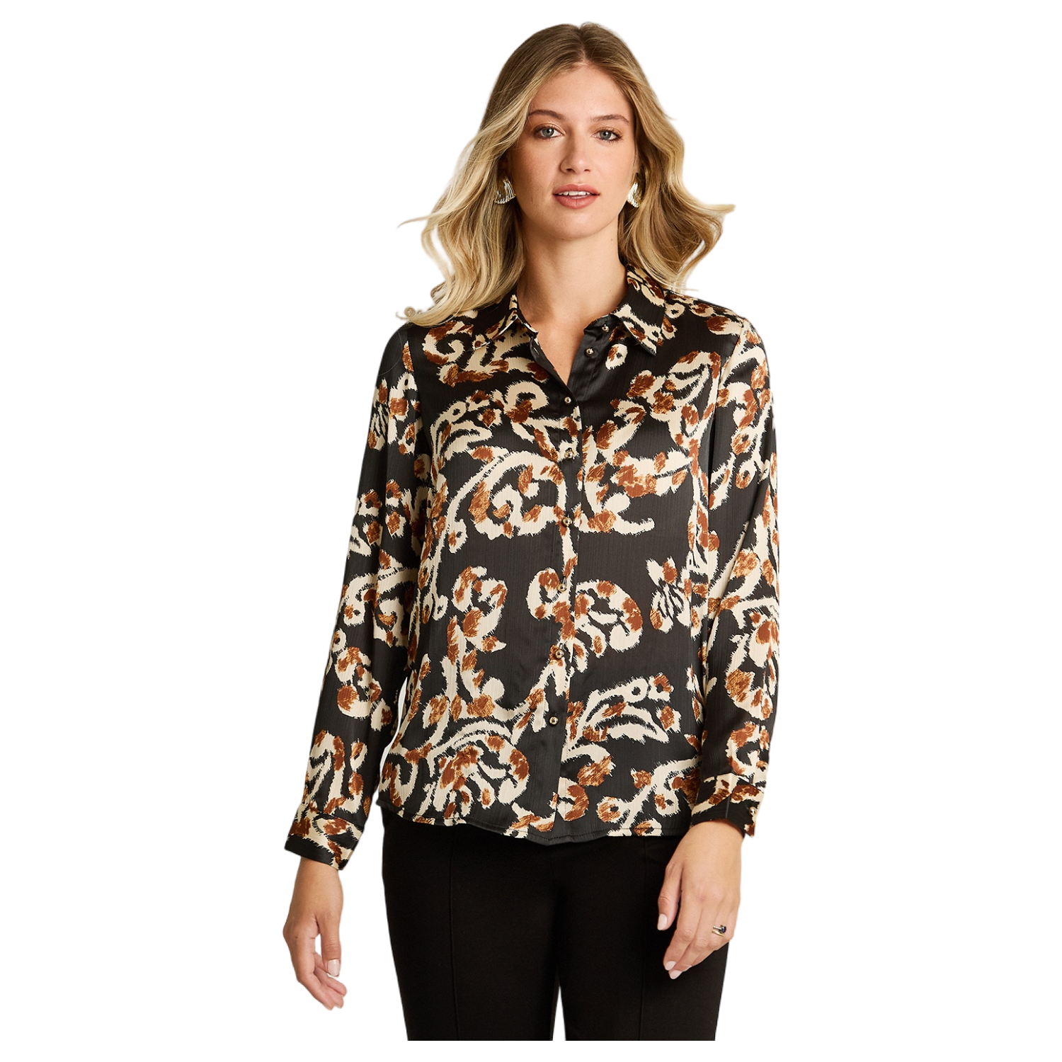 Blusa Camisera Negra con Estampado Floral y Manga Larga-0