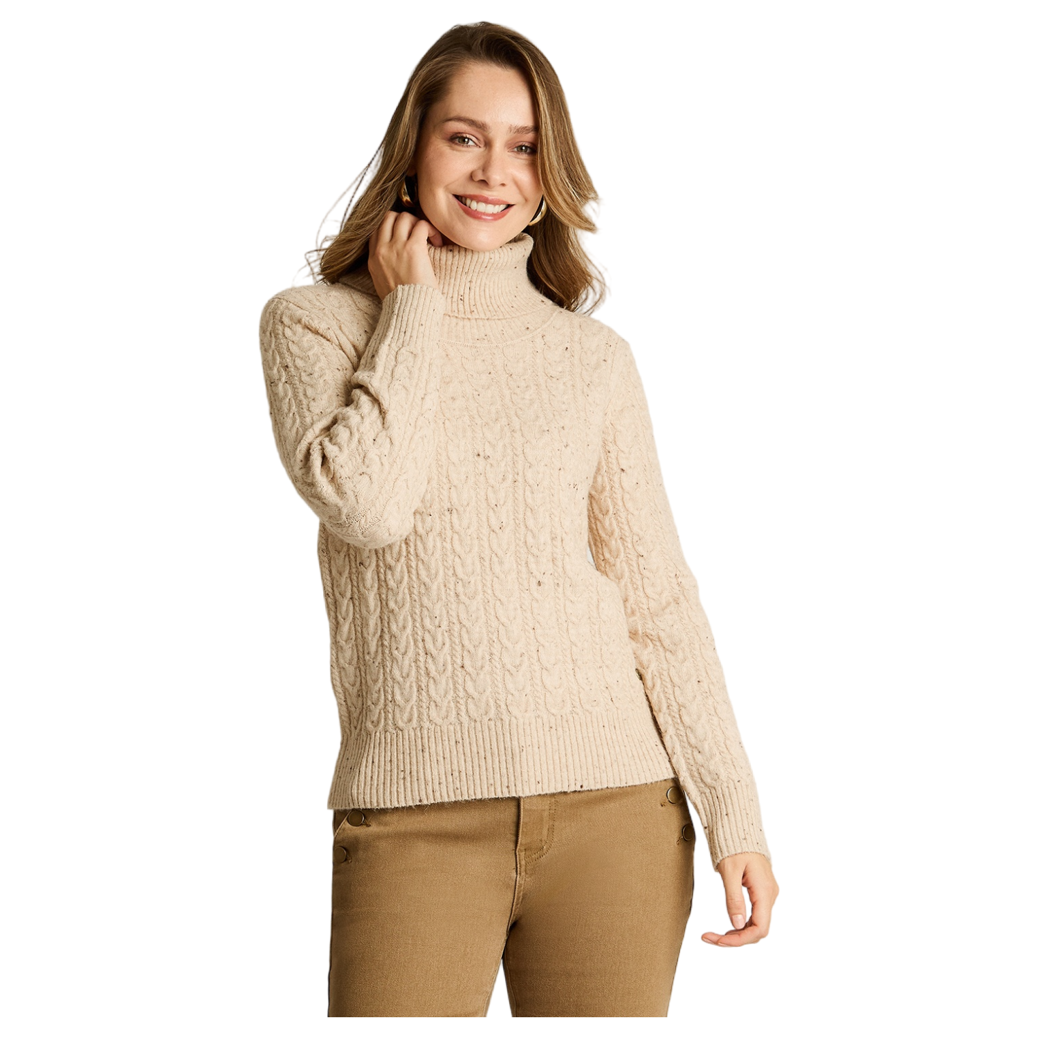 Sweater Beige con Cuello Alto y Trenzado Jaspeado en Tejido-0