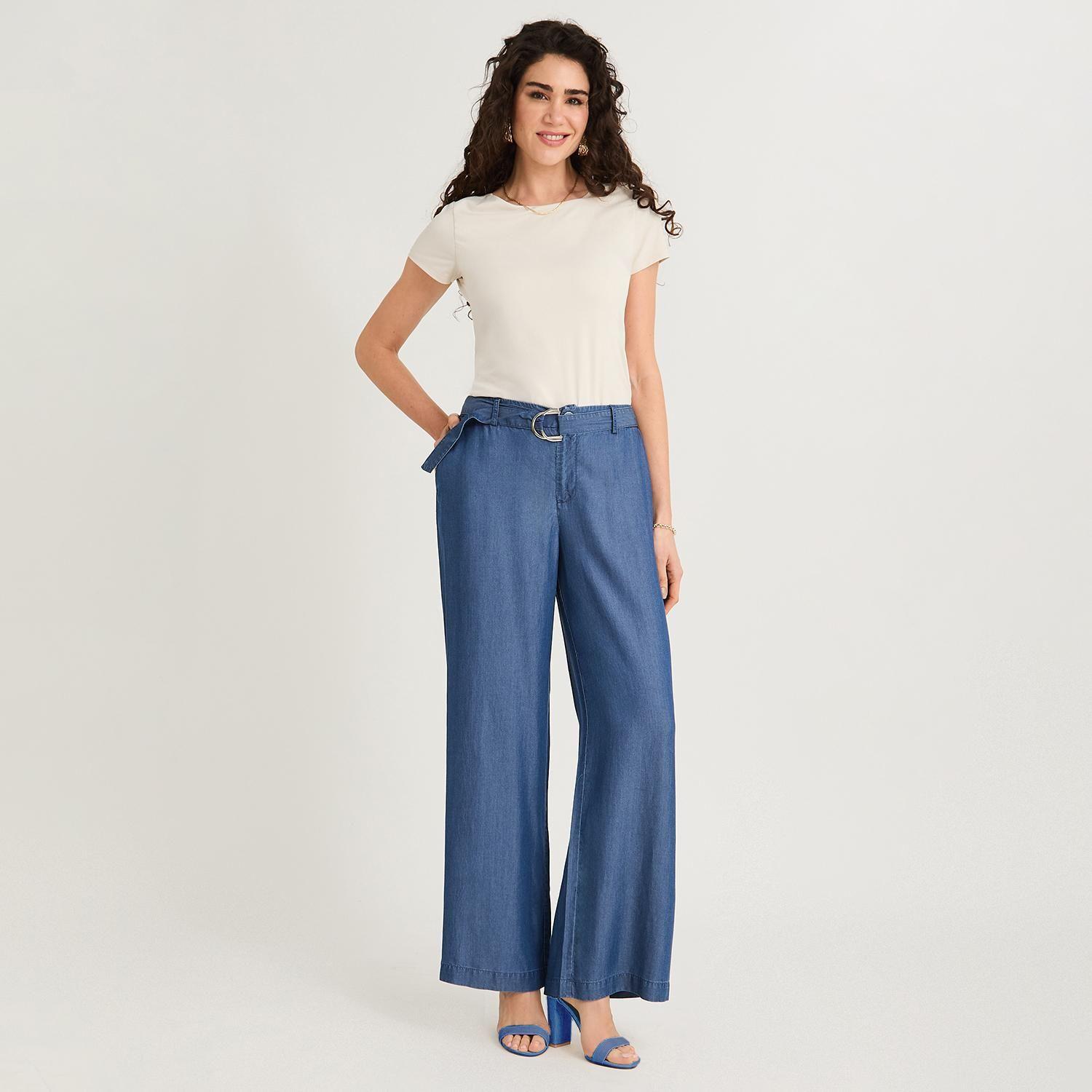 Pantalón Sport Pantalón Palazzo Lyocell Hebilla Metálica Azul-3