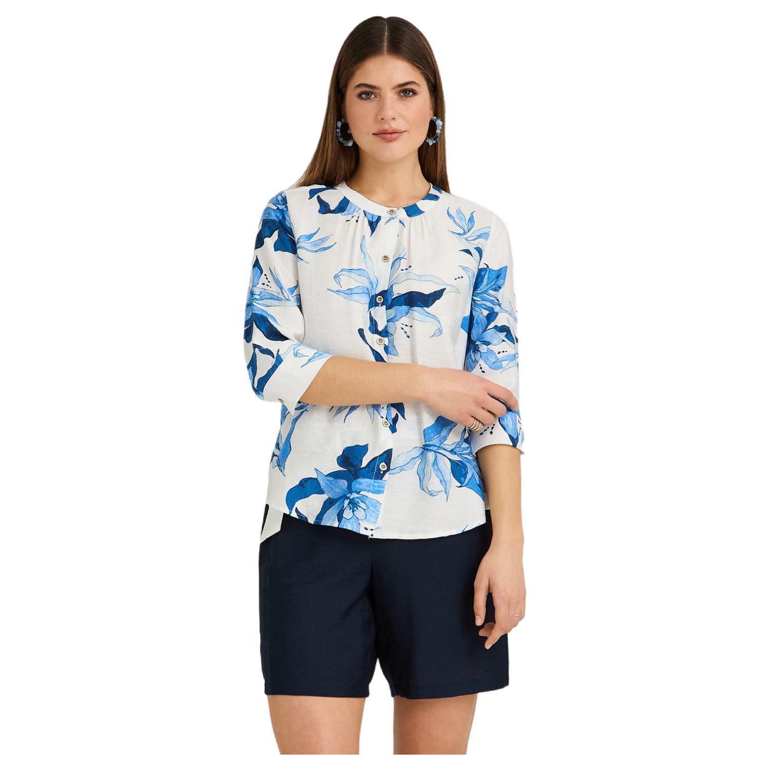 Blusa Escote Mao Manga 3/4 Estampada Azul-0