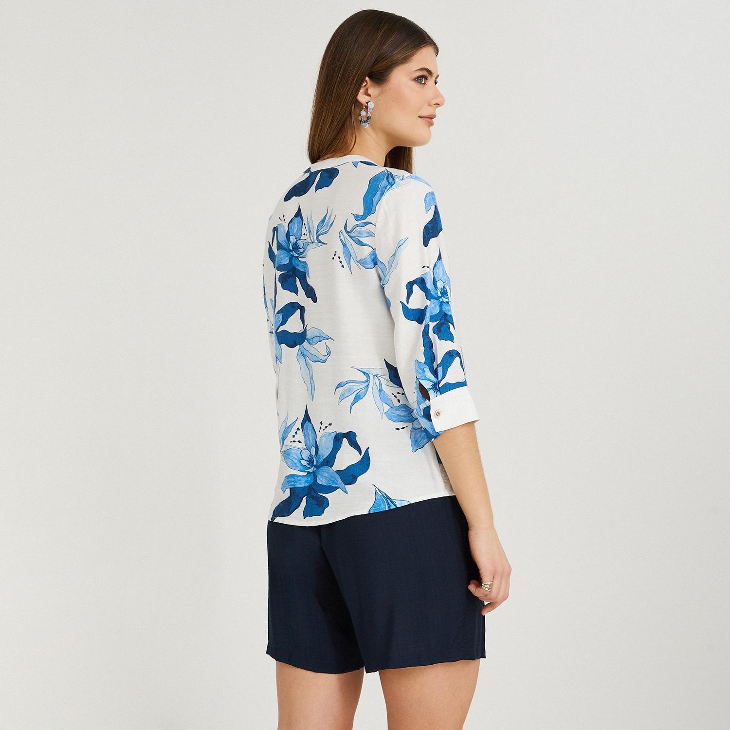 Blusa Escote Mao Manga 3/4 Estampada Azul-1
