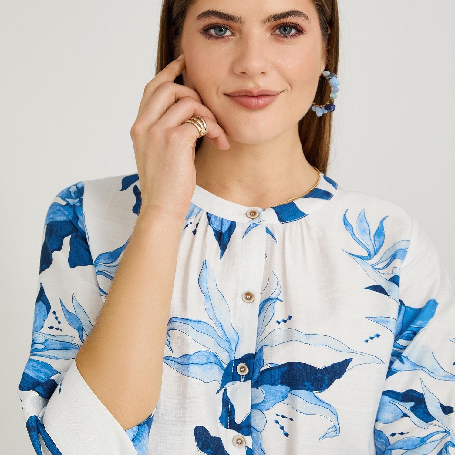 Blusa Escote Mao Manga 3/4 Estampada Azul-2