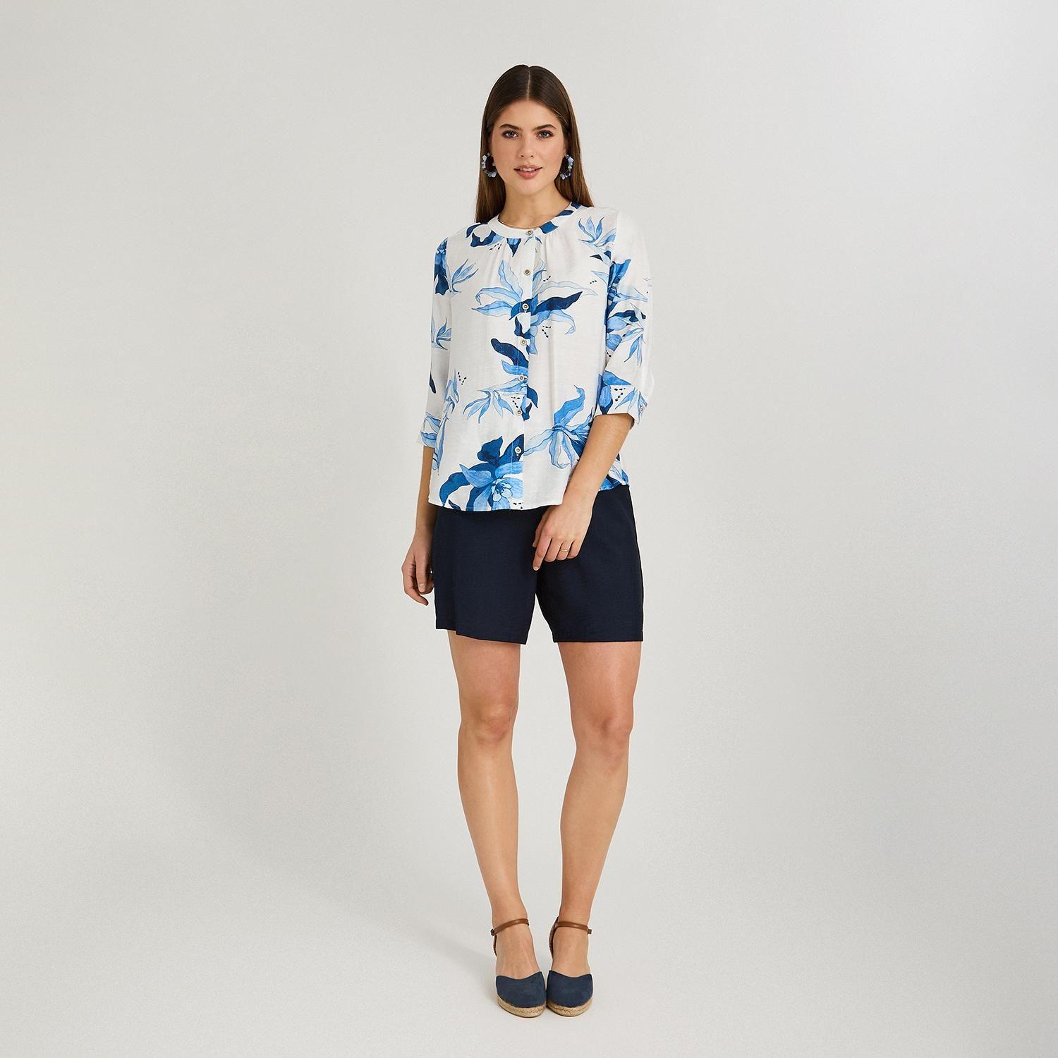Blusa Escote Mao Manga 3/4 Estampada Azul-3