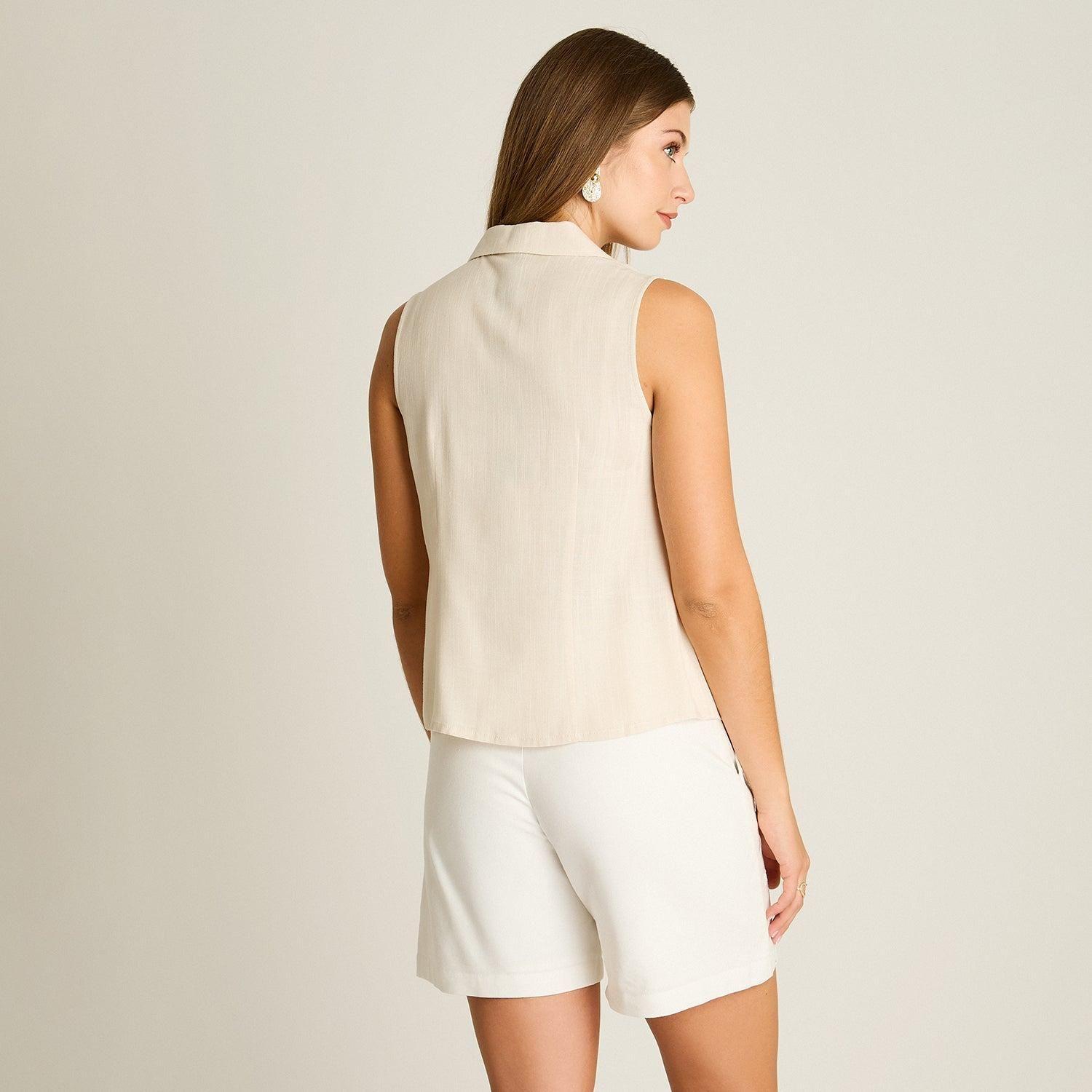 Blusa sin Mangas Arena con Lazos Delanteros y Cuello Camisero-1