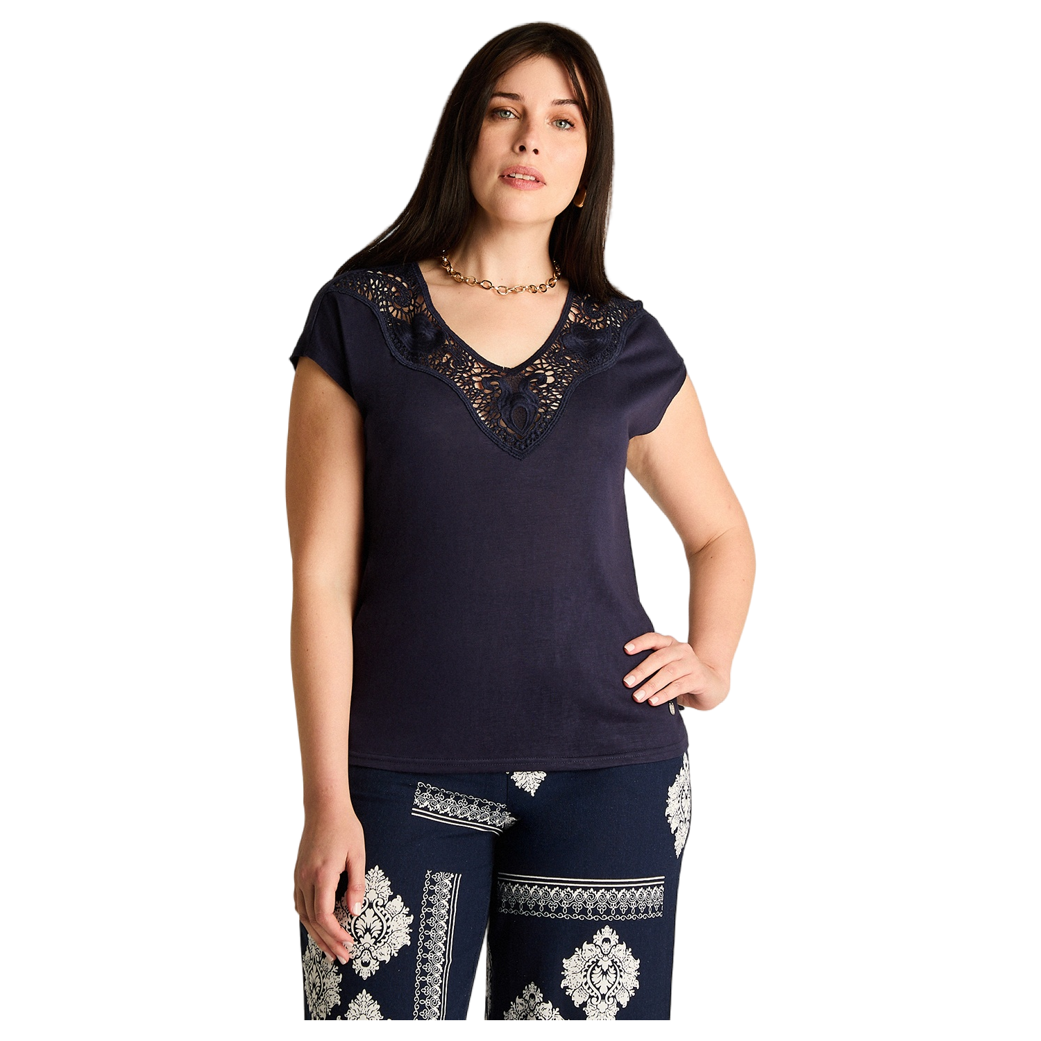 Polera Azul Manga Corta con Escote en V-0