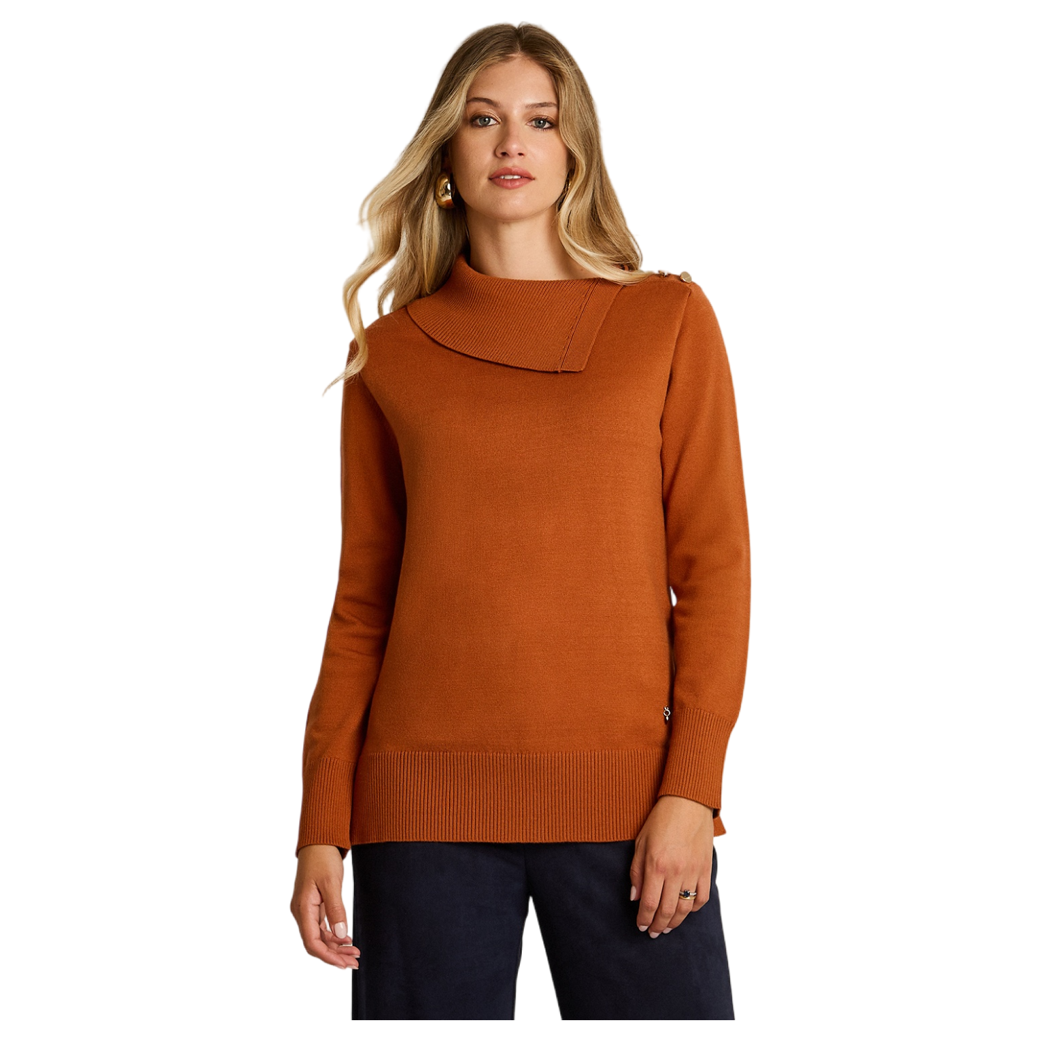 Sweater Terracota con Cuello Asimétrico y Botones Dorados en Tejido-0