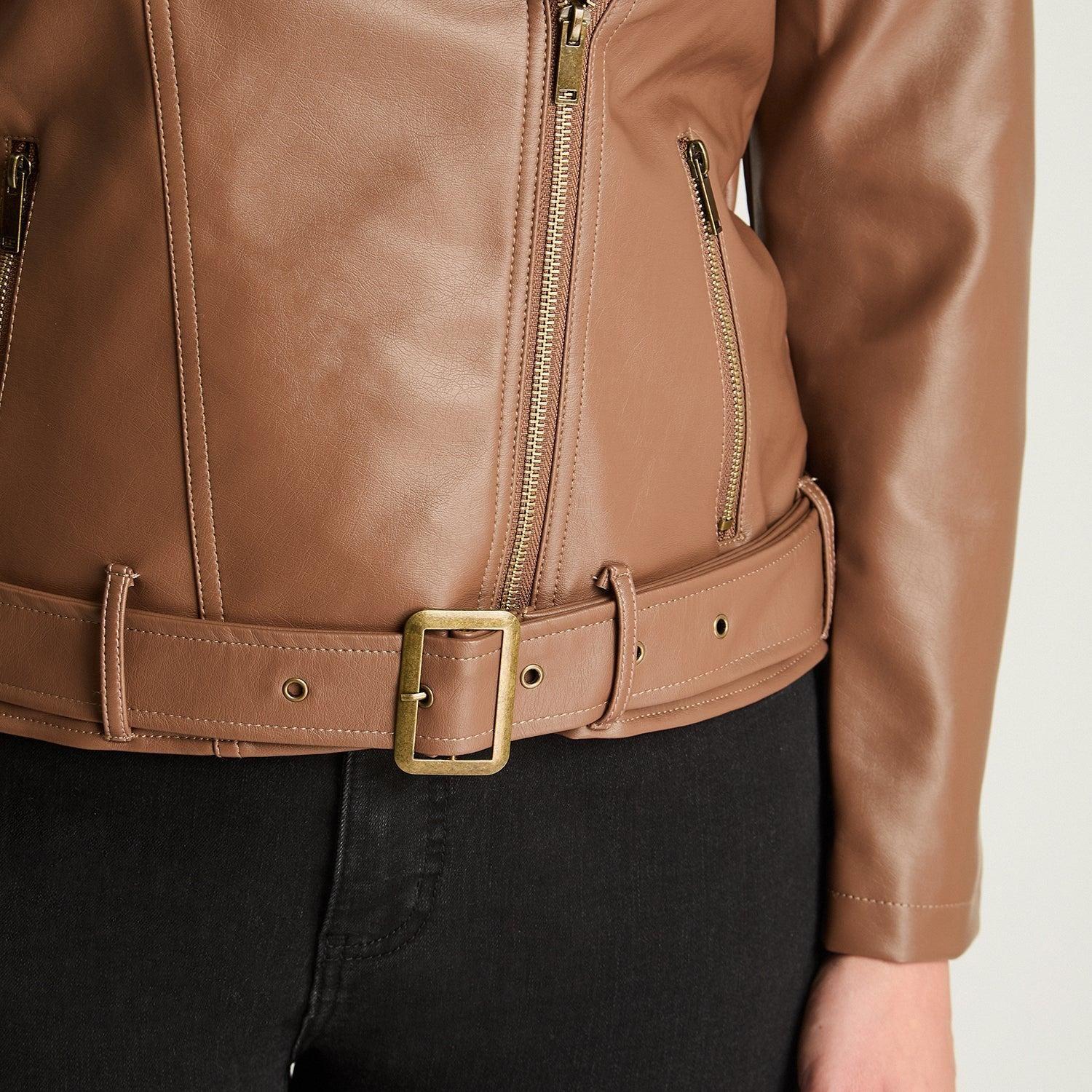 Chaqueta Biker Manga Larga Ecocuero Con Cinturón Café-2