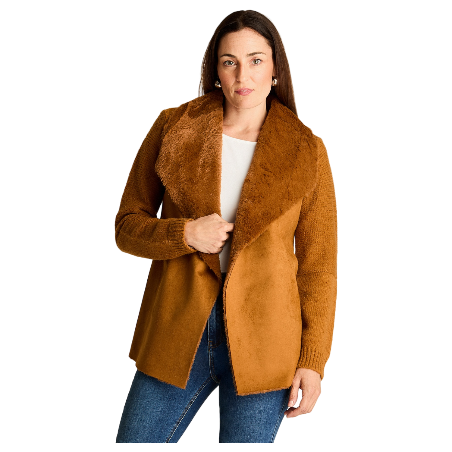 Tapado Mix Fabric Con Aplicación De Suede Bonded Manga Larga Camel-4