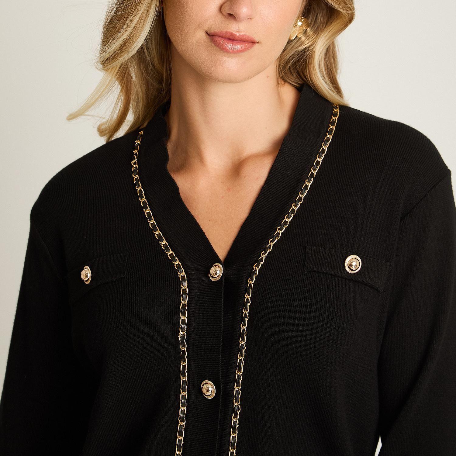 Cardigan Negro con Aplicación de Cadena Dorada en Tejido-2