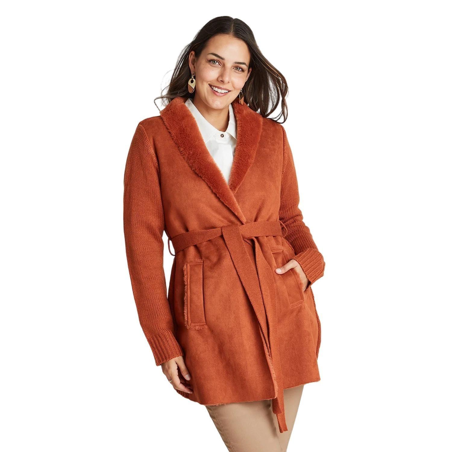 Chaqueta Bonded Con Manga Tejida Y Lazo En Cintura-0