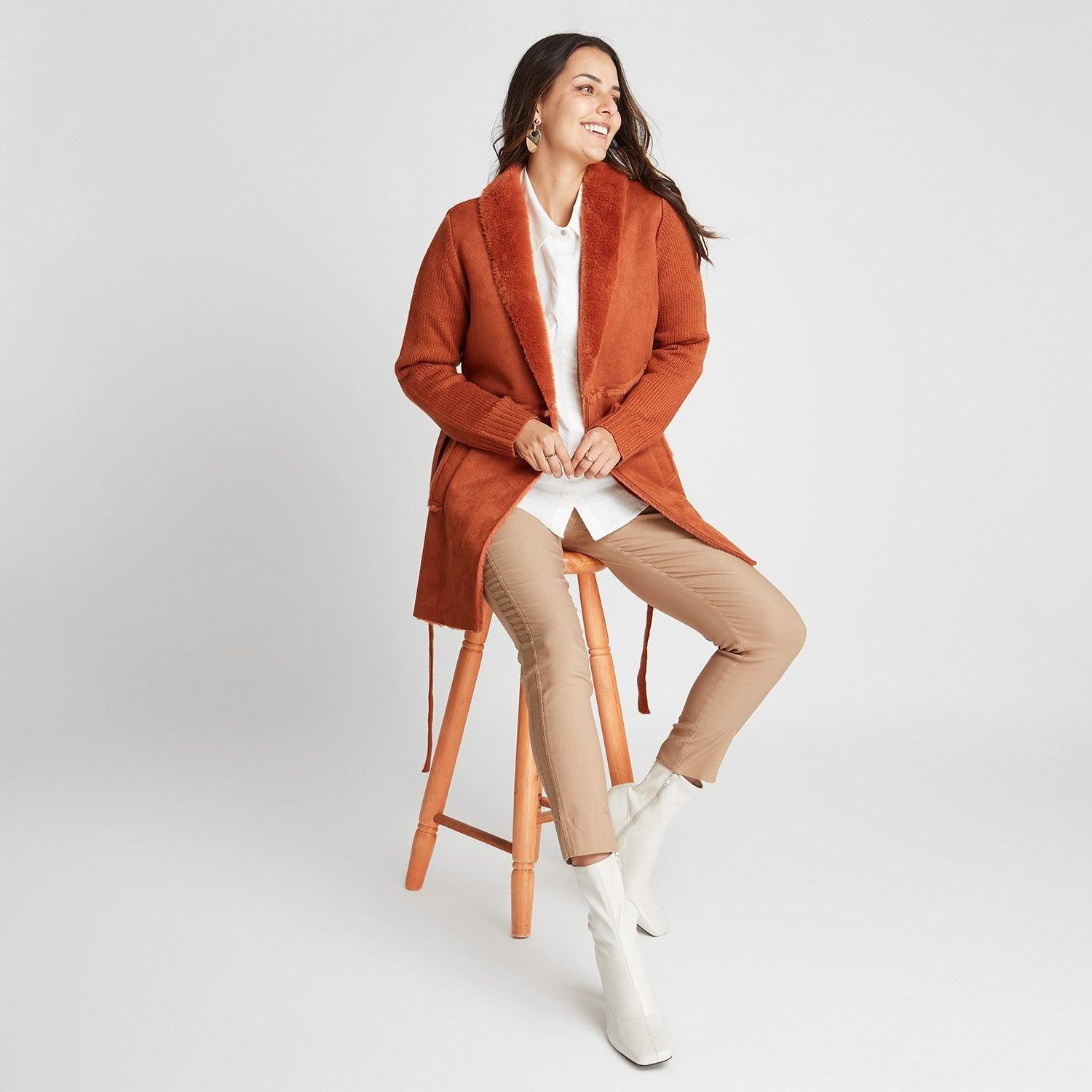 Chaqueta Bonded Con Manga Tejida Y Lazo En Cintura-2