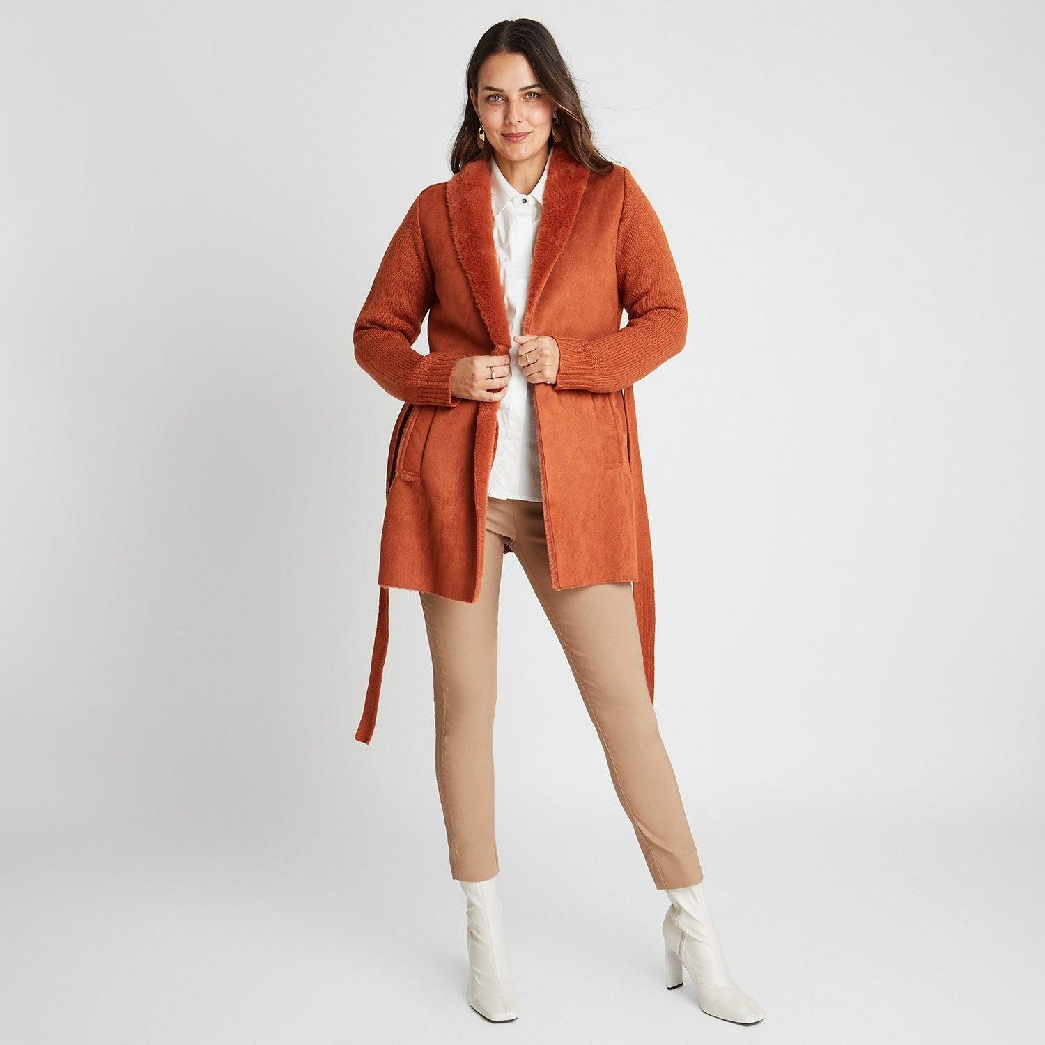 Chaqueta Bonded Con Manga Tejida Y Lazo En Cintura-3