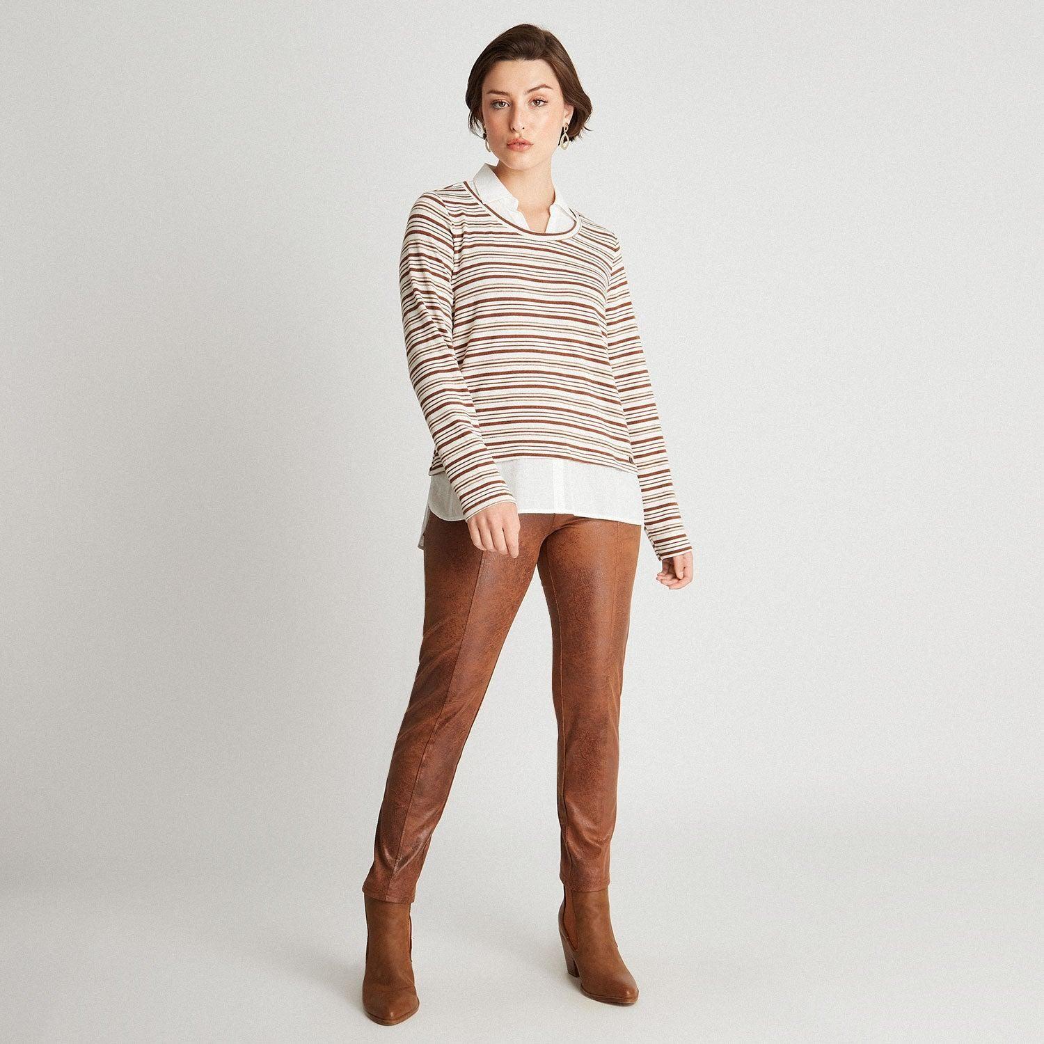 Polera Camant Rayada Con Blusa Falsa Beige-3