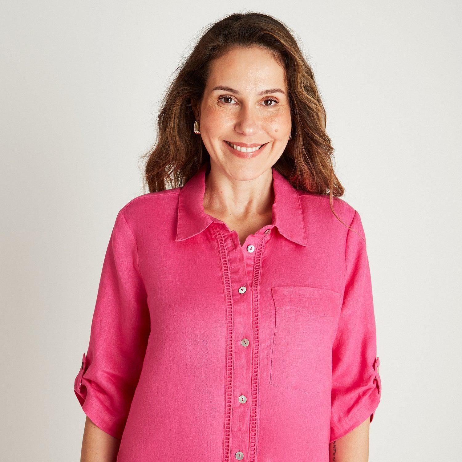Tapado Lino Fucsia Cuello Camisero Bolsillos-2