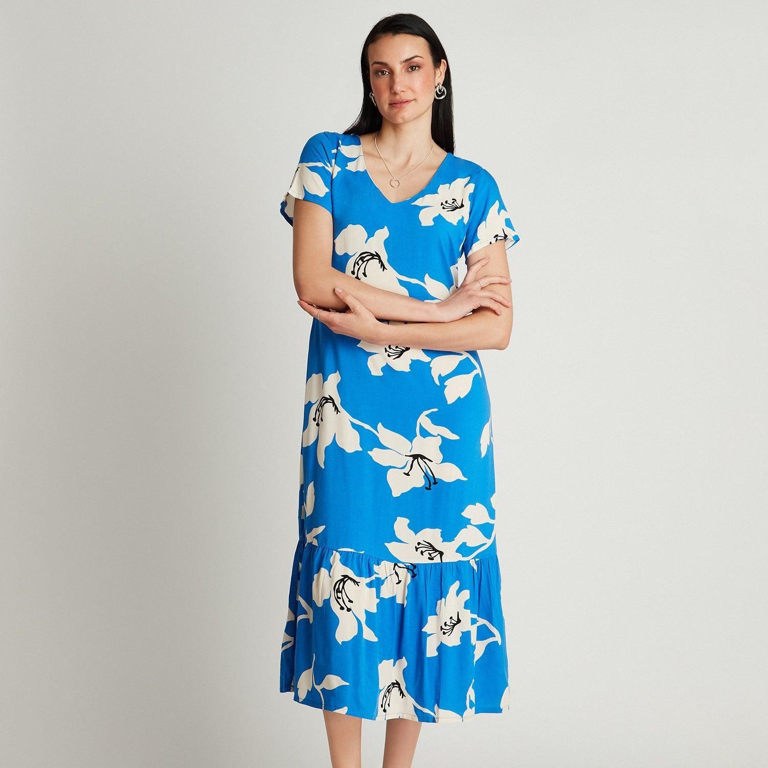 Vestido Maxi Azul Manga Corta Estampado Cuello V-0