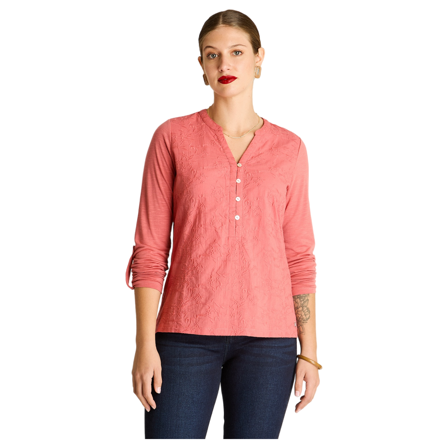 Polera Rosada Manga Larga con Cuello Mao y Detalles Bordados-0