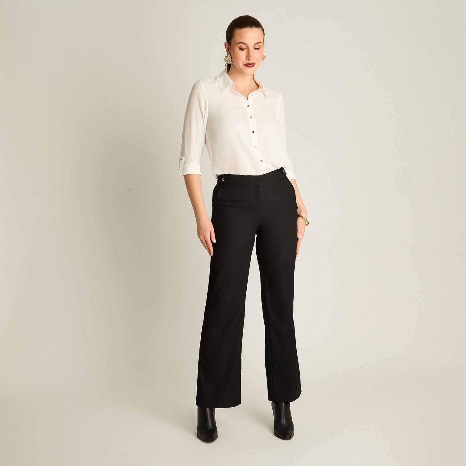 Pantalón Formal Negro Recto con Aplicación de Botones en Pretina-3