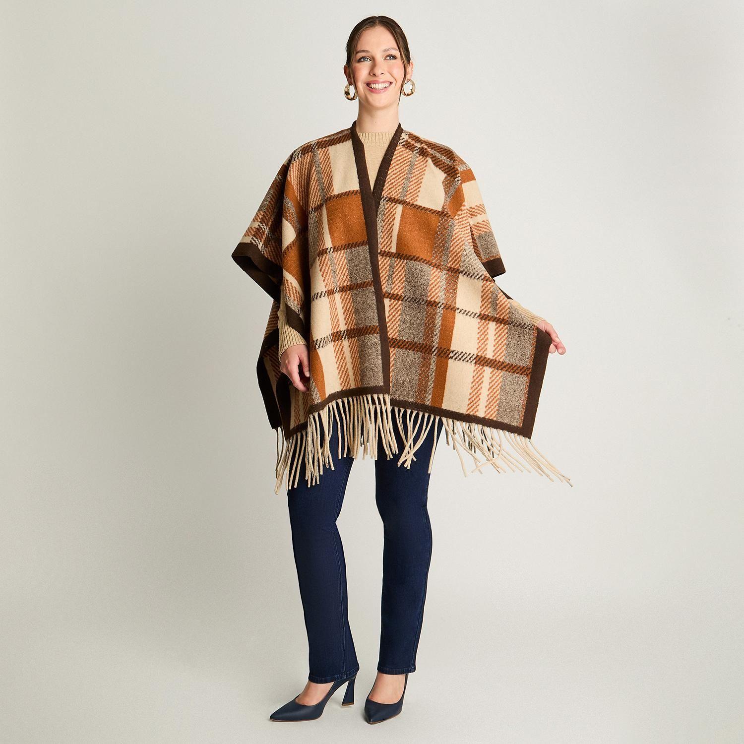 Poncho Tejido Cuadros Camel-2